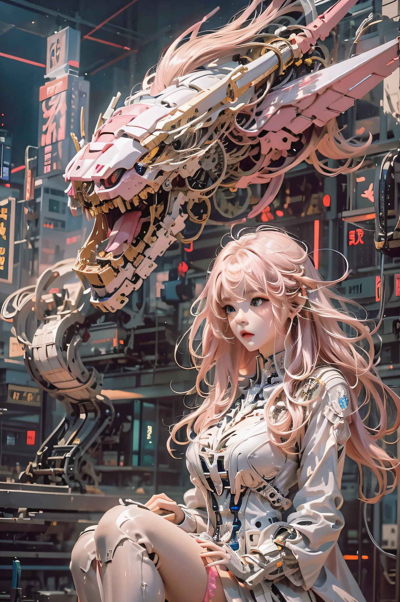 （Best quality），（tmasterpiece），An extremely delicate and beautiful girl，extremely detaile，astounding，finely detailled，offcial art，ultra - detailed，high rise，beautiful details girl，There is light on the face，Delicate face，A girl stands in front of the dragon，（Mecha Dragon），（Floating blonde），mechs，（mechanical mecha），Eau，wave，Energy filled with water，Mecha all，Pink mech，Honey Mecha，Machinary，mix4