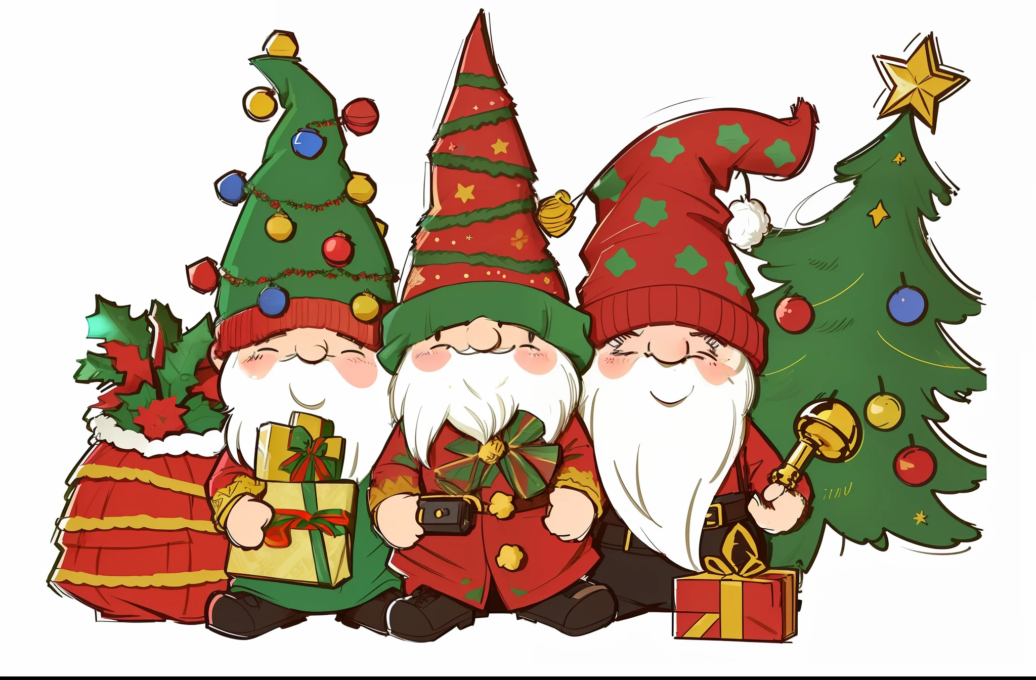 Three gnomes with Christmas presents and a Christmas tree, Elves, The elf sat on the sofa, festivity, wide screenshot, festivity, 🤬 🤮 💕 🎀, of the tree, Gifts, Santa Claus Studio, Give other gnome flasks, DMT machine genius, Cartoon illustration, no gradien, header text”, 2 d, 2D,Vintage illustration，Retro，Graphic illustration，planar