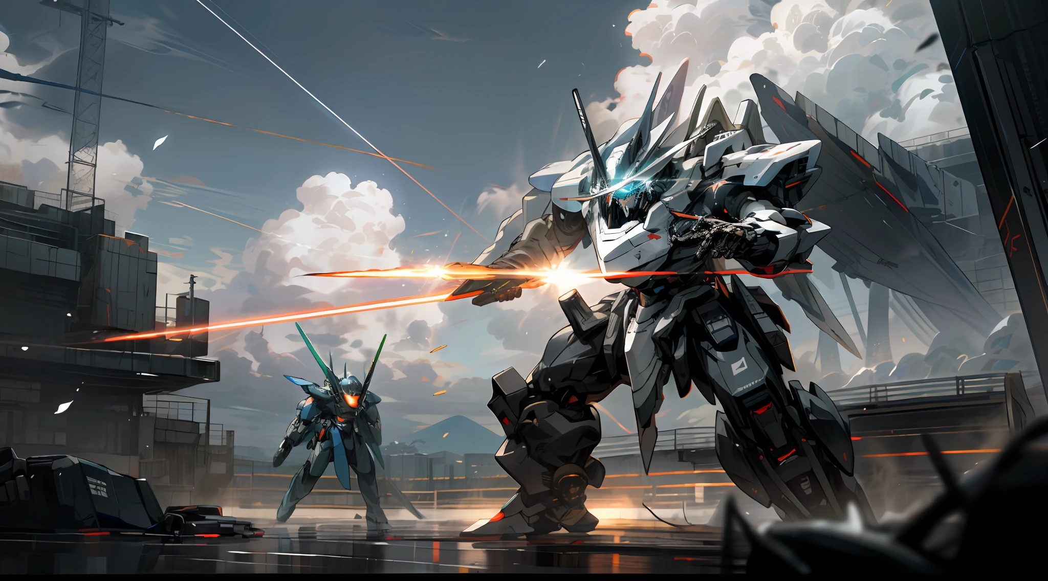 Skysky，​​clouds，Holding_arma，No_Humanity，with light glowing，combat state，combat scene，Laser cannon，Laser sword，2 robots，buliding，Glowing_Eyes，Mecha，scientific fiction，城市，Realistis，mecha