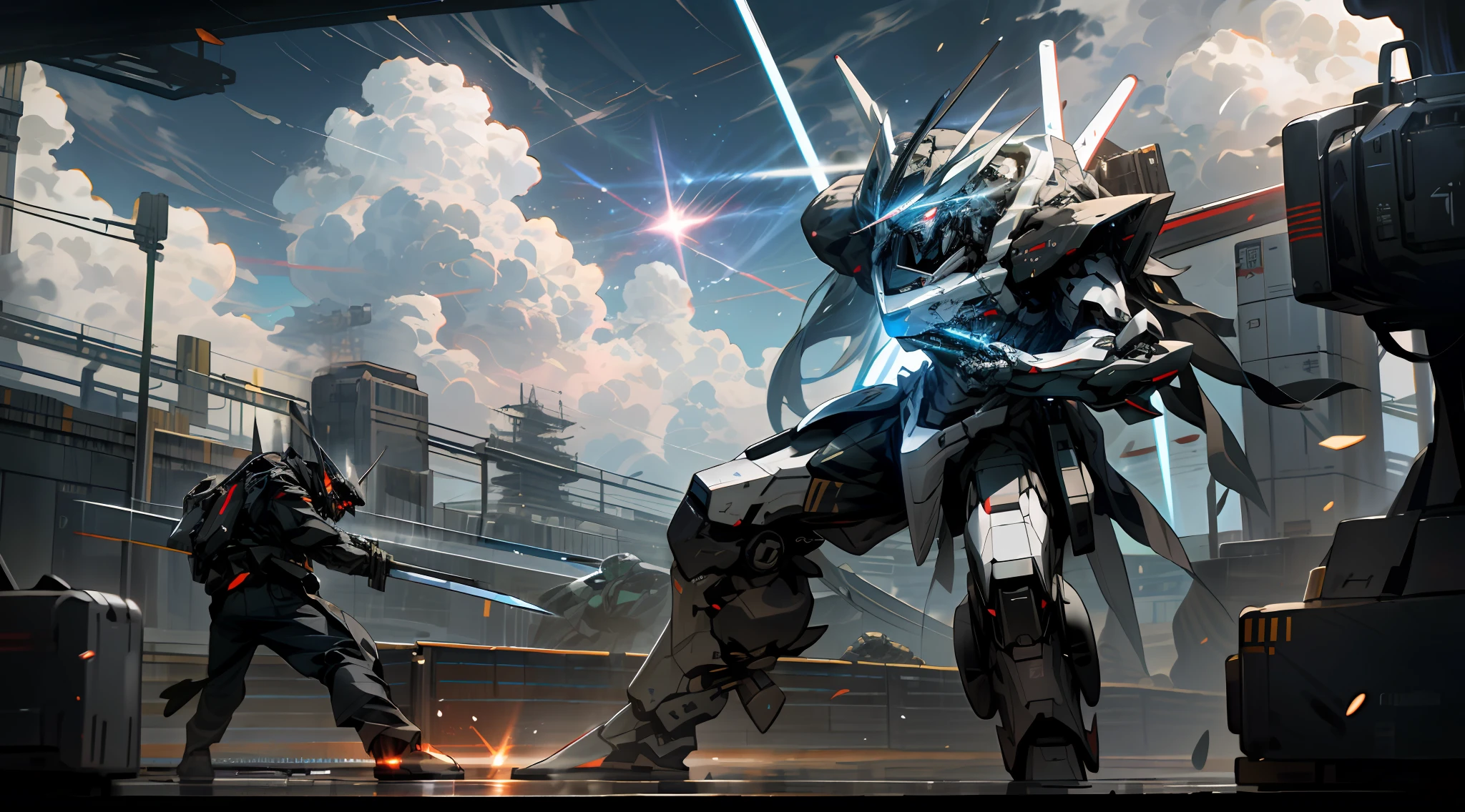 Skysky，​​clouds，Holding_arma，No_Humanity，with light glowing，combat state，combat scene，Laser cannon，Laser sword，2 robots，buliding，Glowing_Eyes，Mecha，scientific fiction，城市，Realistis，mecha
