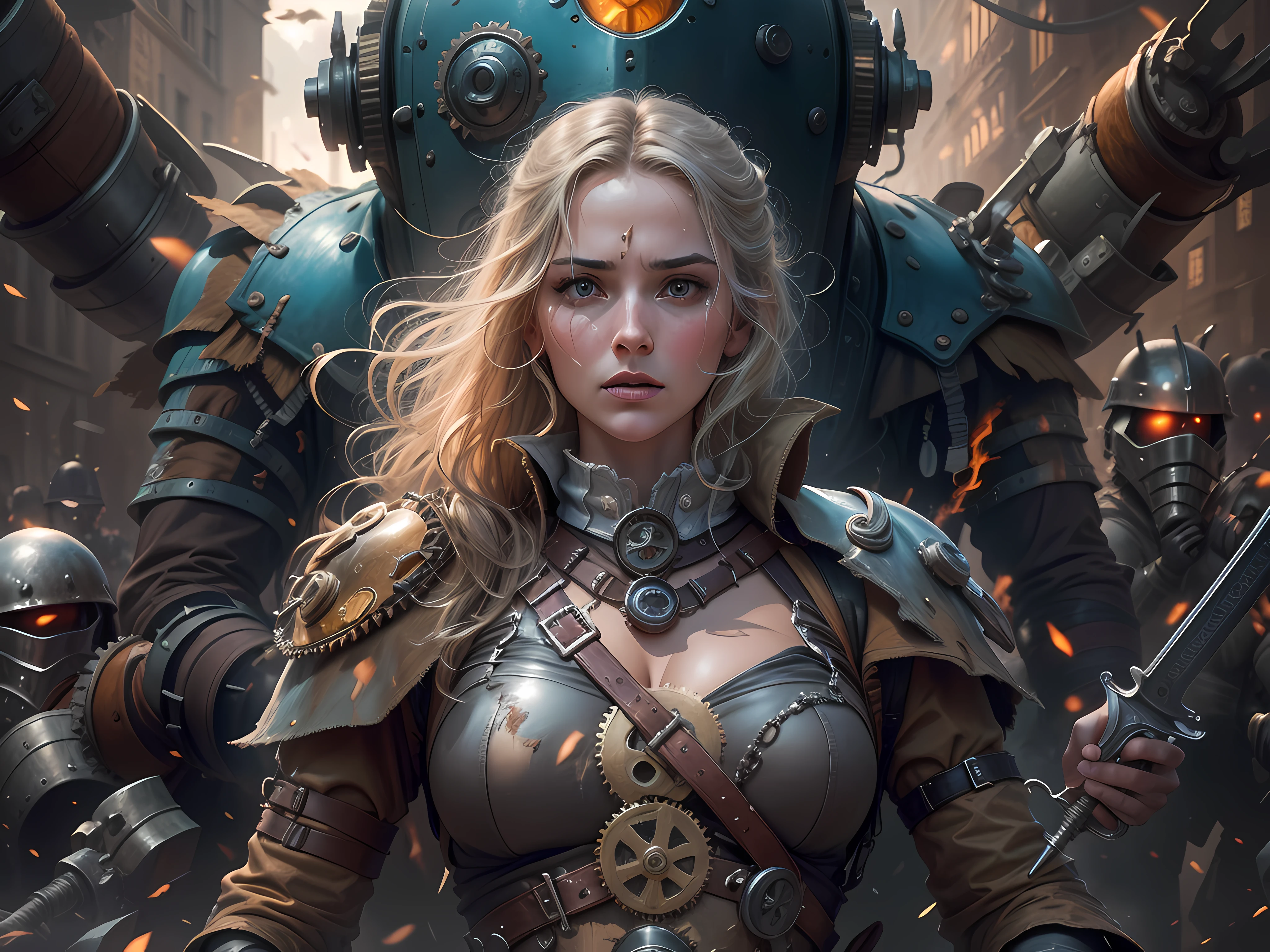 a European girls, solo, Blonde, tanned skin, cold-looking blue eyes, thin face, ripped body, wearing steampunk leather armor, leather legging, highnoon boots, carry a sword by waist and 2 pistol behind waist, masterpiece, best quality, Joan of Arc leading her army into battle, heroic, bright, moody, intense, steampunk knight, realistic shadows, high quality, ultra detailed in 4k, 8k, high resolution, sharp focus, depth of field, faded, (neutral colors:1.2), (hdr:1.4), (muted colors:1.2), hyperdetailed, (artstation:1.4), mechanism gears, industry technology, automaton, electric sparks cinematic atmosphere. (rutkowski:0.66), (teal and orange:0.4)", steampunk battle city background, monster in a battlefield of blood and fire. As he fought, the bodies of his enemies piled up around her, but he remained untouched, his figure growing larger and more majestic with each passing moment. Finally, after defeating the entire army alone, the general stood victorious, his sword still raised high. His bravery and triumph filled the battlefield with a sense of solemn grandeur. hdr, (photorealism, masterpiece quality, best quality). masterpiece, best quality, Joan of Arc leading her army into battle, heroic, bright, moody, intense. etermined expression, technomancer dark couds, floating lights, colorful leather vest with gears, techwear, steampunk in the background, machines, gears, steam, industry, technology, oven, dirt, anvil, buttons, levers, automaton, electricity, electric sparks epic atmosphere.