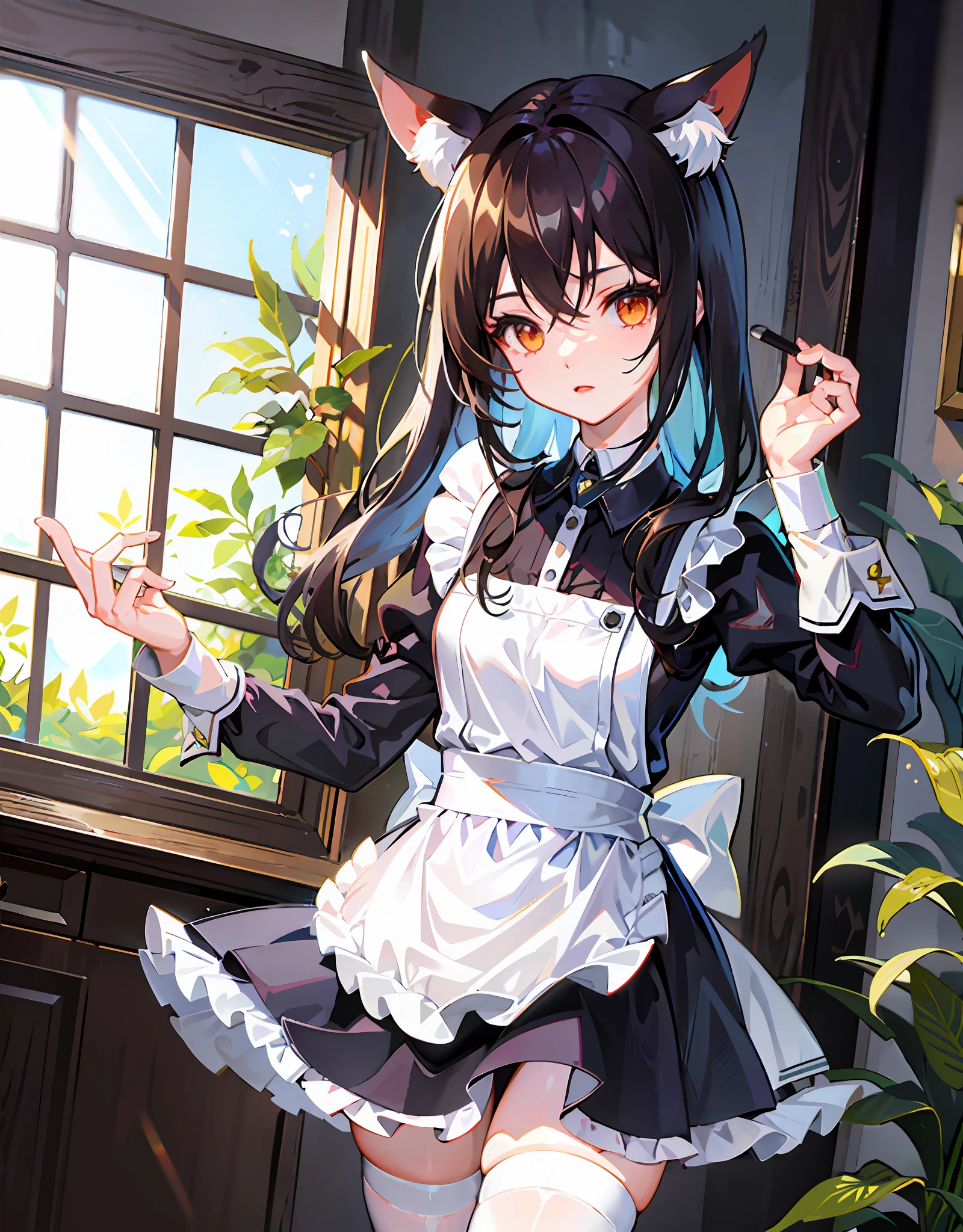 (Best quality),(Detailed), (1 girl),Kizi,a cat tail,There are cat ears on the top of the head,white thighhighs, dual horsetail,brunette color hair,Medium breasts,the maid outfit,whiteskin