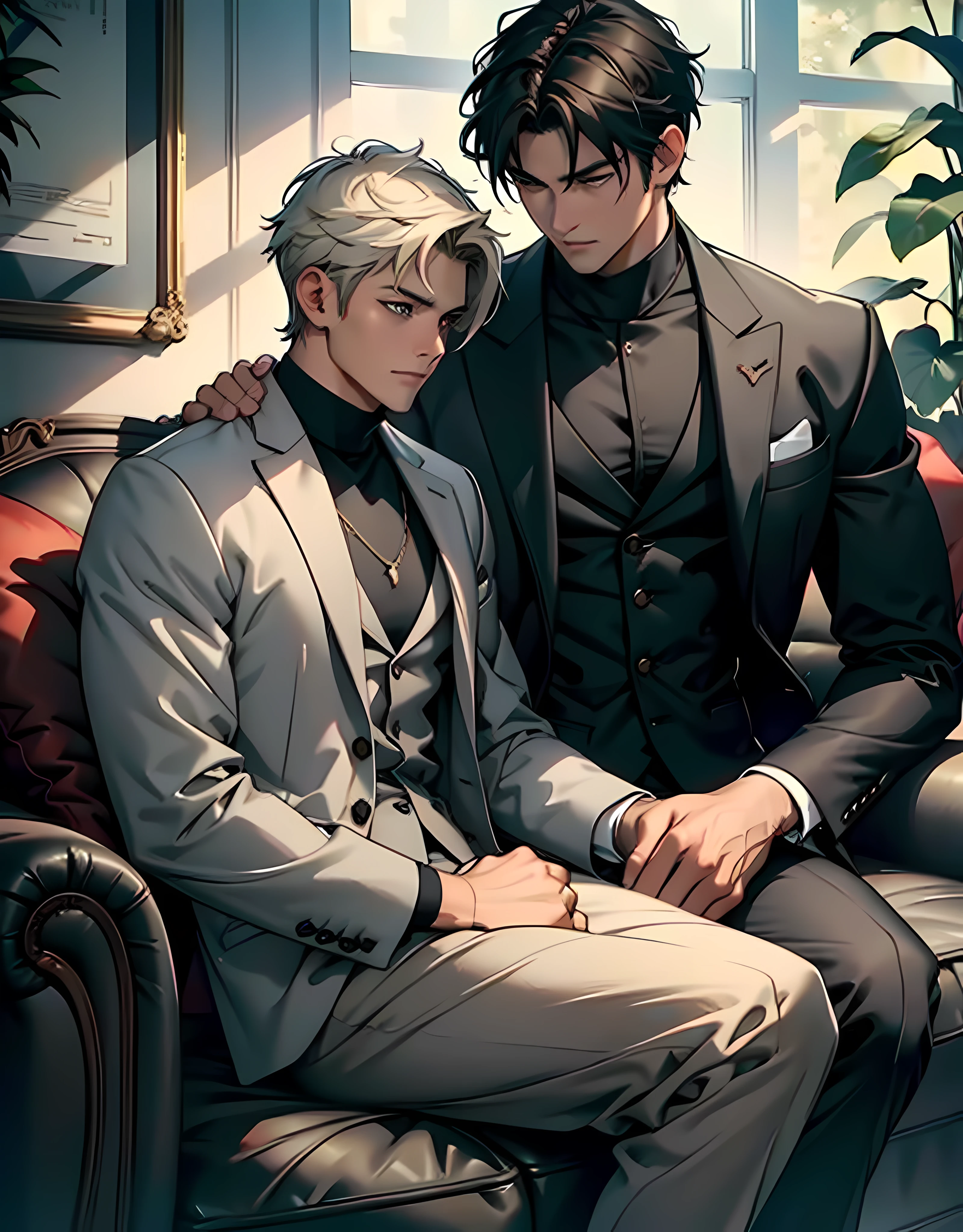 1male people、Adults、a handsome、tall muscular man、broad shoulder、Detailed eyes and detailed face、top-quality, masterpiece, hight resolution, Male Focus,suits、coat、sit on sofa、Mystical lighting、Ethereal Atmosphere、dressed casually, jaket、JINS、closed clothes、natural soft light、darker shadows、Living Loo、Move ki、Refreshing、short-haired、turtle neck、adjacent、