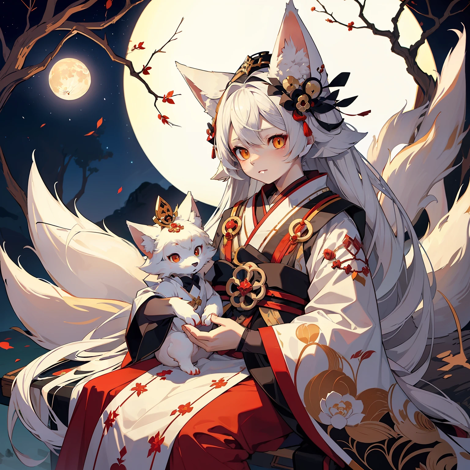 The background is a super large moon, a fox with white hair sitting on a branch under the stars, ( Boy: 1.5), Red Clothes, Ethereal Fox, Nine-Tailed Fox, Dreamy, Millennium Fox Demon, Onmyoji Detailed Art, Nine Tails, Beautiful Artwork Illustrations, Mythical Creatures, Foxes, Beautiful Digital Works of Art,