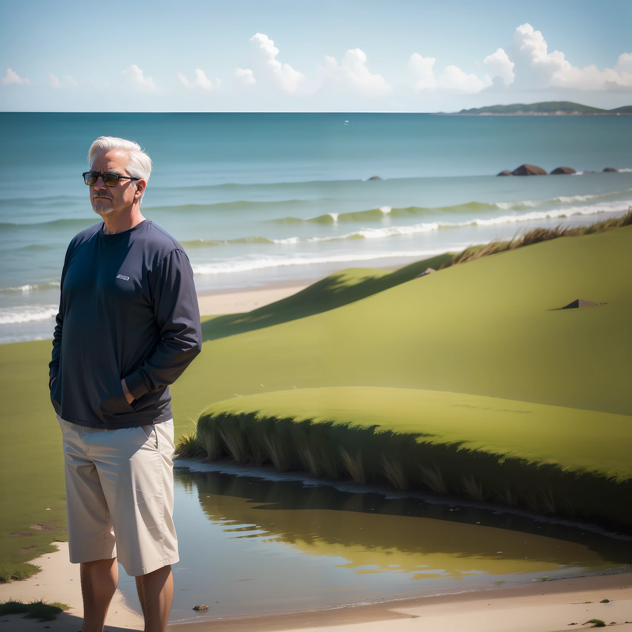 A middle-aged man stood on the grass，Stare at the water，Set your sights on the horizon，It has striking picture quality and attractive colors，Depth of field blur