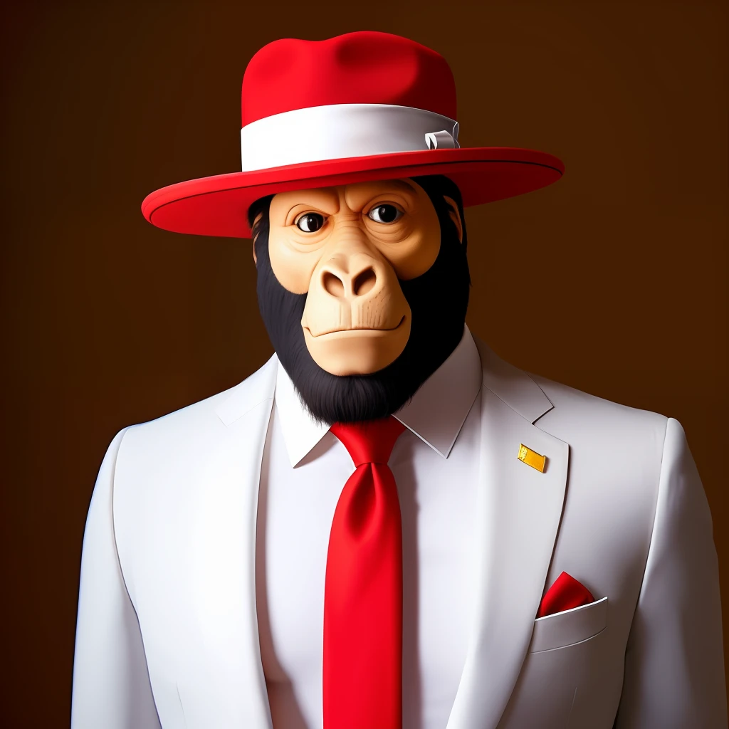 Ape head and man's body, man's mustache, white suit, red tie and white hat with red fedora type ribbon