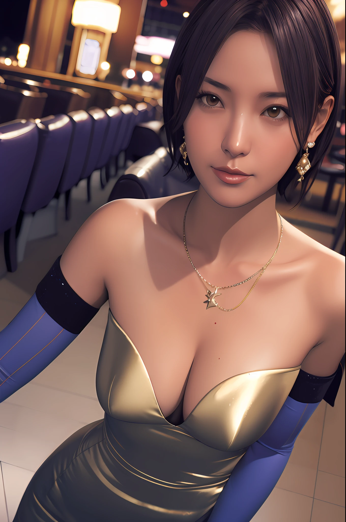 nagisa, ultra realistic 8k cg, flawless, masterpiece, solo, 1girl, casino, rich, night dress, cutout, necklace, earring, golden, face focus, gleaming skin, elbow gloves, cleavage