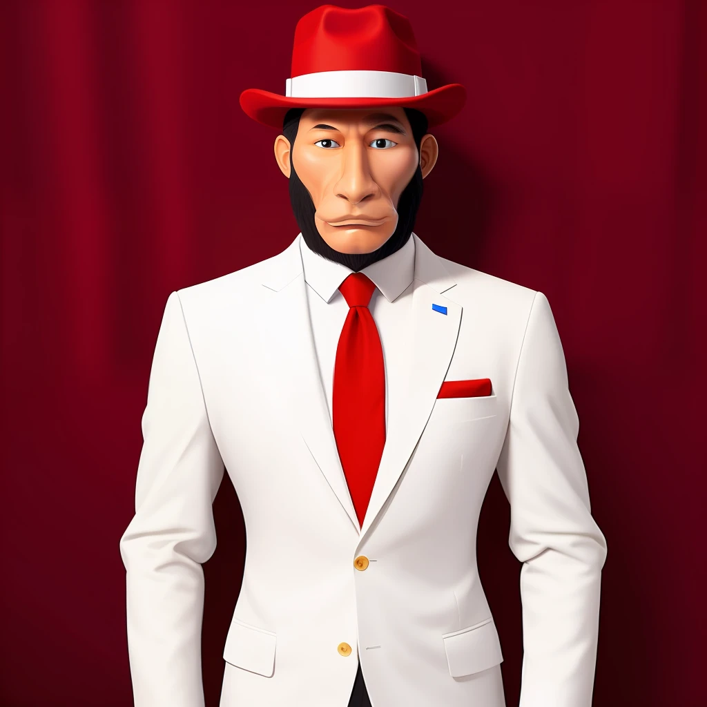 Ape head and man's body, man's mustache, white suit, red tie and white hat with red fedora type ribbon