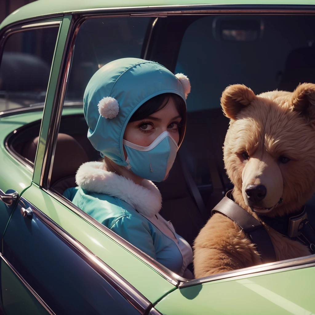 4k image from a 1960s science fiction film, Imagem do filme de Wes Anderson, pastels colors, Students with alien accessories and a woman in a transparent bear mask are wearing retro-futuristic fashion clothes and futuristic ornaments and technological devices in the antique car, Luz Natural, cinemactic, Psicodelia, retro-futurista,