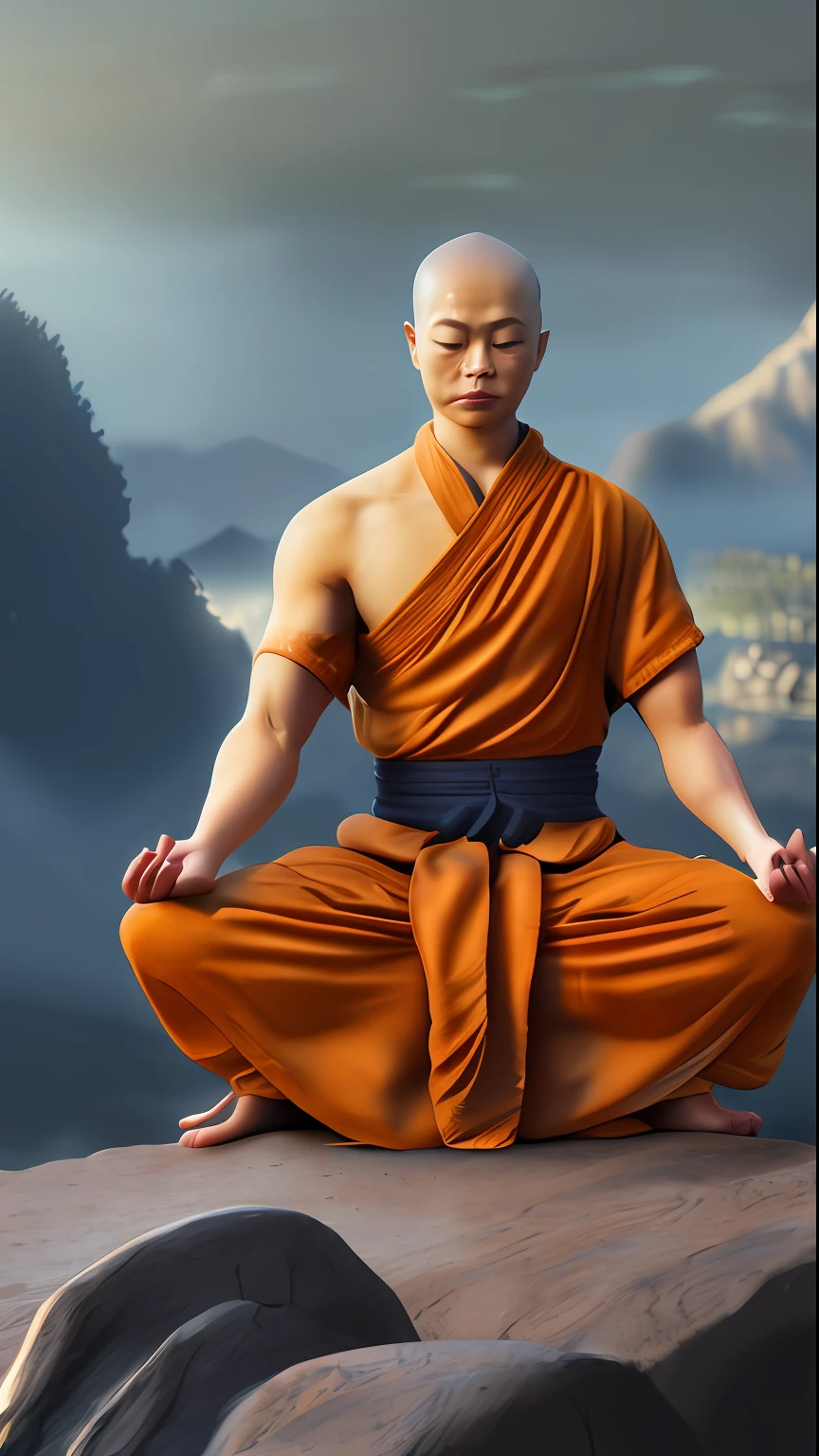 . Shaolin monk hyper - detailed, make a sitting on top of the stone doing meditation, cinematic 8k