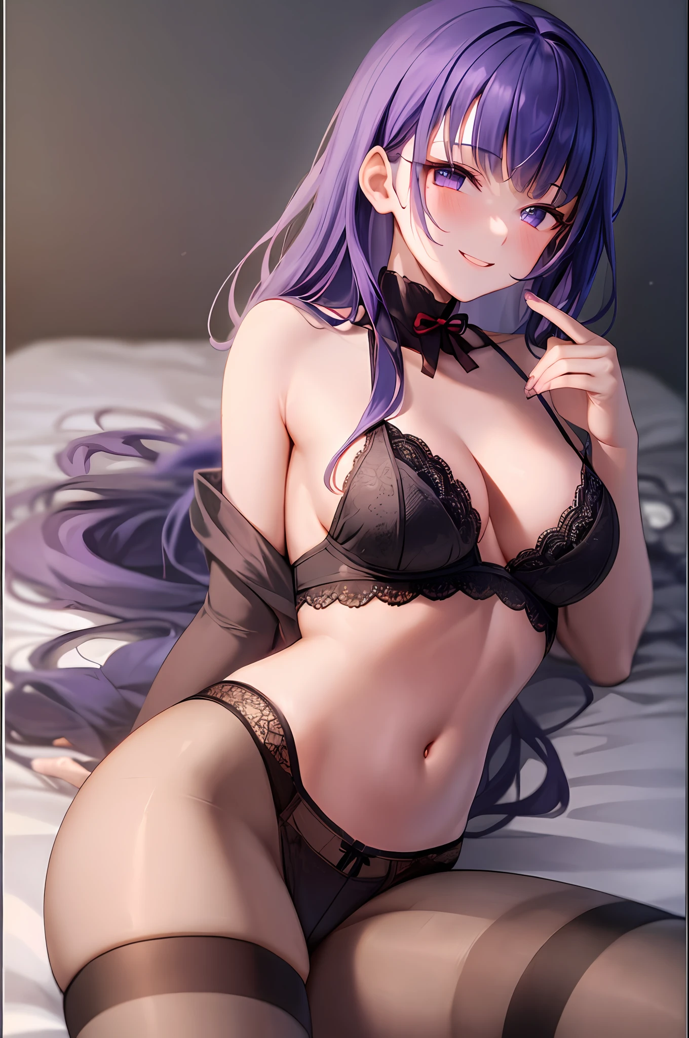 Raiden shogun, Masterpiece, top quality, high resolution, solo, loose hair, small breasts, indoors, misaligned bra, lingerie (range: 1.2), close focus, pantyhose, lying down, top, very_long_hair, bed, shaggy boyshorts, pantyhose, heavy breathing, sexual expression invite, smiling