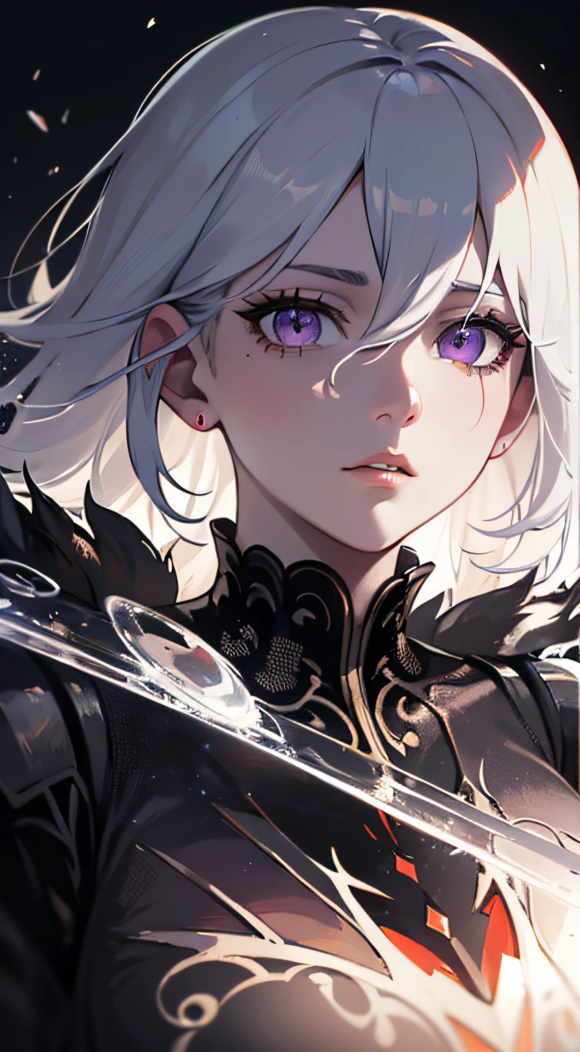(masterpiece, best quality, ultra-detailed, best shadow), (detailed background,dark fantasy), (beautiful detailed face), high contrast, (best illumination, an extremely delicate and beautiful), ((cinematic light)), colorful, hyper detail, dramatic light, intricate details, (1girl, solo,white hair, sharp face,purple eyes, hair between eyes,dynamic angle), blood splatter, swirling black light around the character, depth of field,black light particles,(broken glass),magic circle,