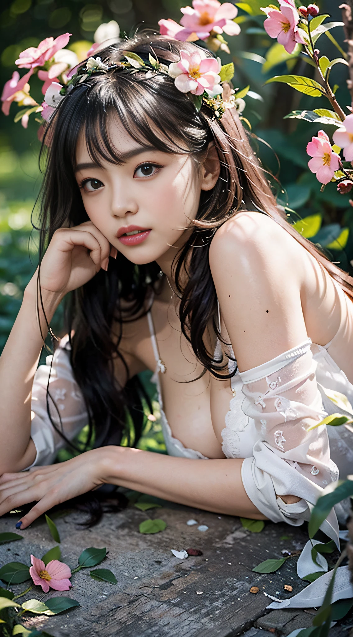 (4k transparent high quality wallpaper,a warm color palette,Soft natural light,high light)(Masterpiece,High-quality body portraits,frontage,Ancient wind)(15year old,French bangs,Song dynasty Hanfu,There are skirts,pony tails,perfect body figure,Bigchest(1.2),big assa(1.2),broad shoulder(1.2),Sexy cute ancient girl lying on the ground looking up to show ditch,Two long white legs(1.2),Small lips(1.2),Wear a garland on your head,delicate finger,Wear white stockings on your feet,Be red in the face)(blue clear skies,waterfallr(1.2))