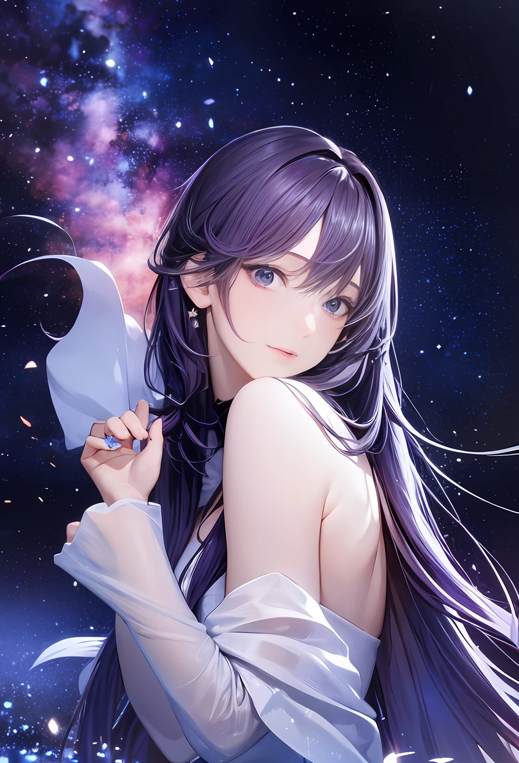 Ridiculous resolution, A high resolution, (Masterpiece:1.4), ultra - detailed, stars, From boy with long inky hair --v 6
