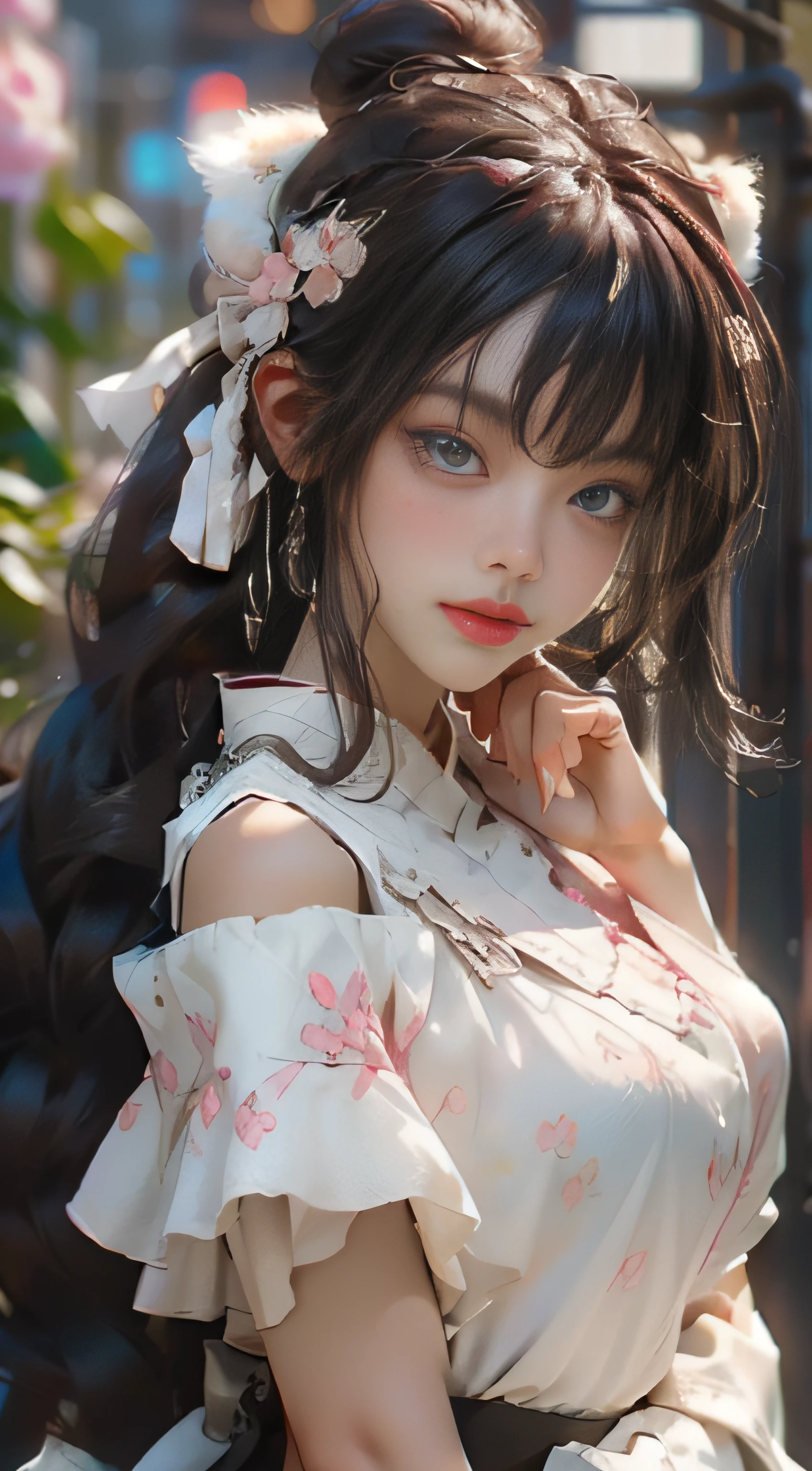 （（best qualtiy））， （（tmasterpiece））， （detail：1.4）， Beautiful cyberpunk female images，hdr（HighDynamicRange），Ray traching，NVIDIA RTX，Hyper-Resolution，illusory 5，sub surface scattering，PBR textures，post-proces，Anisotropy Filtering，depth of fields，maximum definition and sharpness，Many-Layer Textures，Albedo e mapas Speculares，Surface coloring，Mitsu-Accurate simulation of material interactions，perfectly proportioned，rendering by octane，Two-colored light，largeaperture，Low ISO，White balance，Rule three points、8K raw data、Beautiful bright blue pupils，off-the-shoulder clothes，Fine pupils，Delicate face and eyes，long eyelasher，Blushlush，Delicate and fluffy hair，pink lip，Pure，Cute face，Sweet girl，Artistic sense，Casual wear，Advancedsense，butterflys，Cherry blossom petal，Beautiful hair accessories，Long hair and waist，Hair fluttering in the wind，Snow-white fox ears，curlies，Lots of white and pink，Complicated details