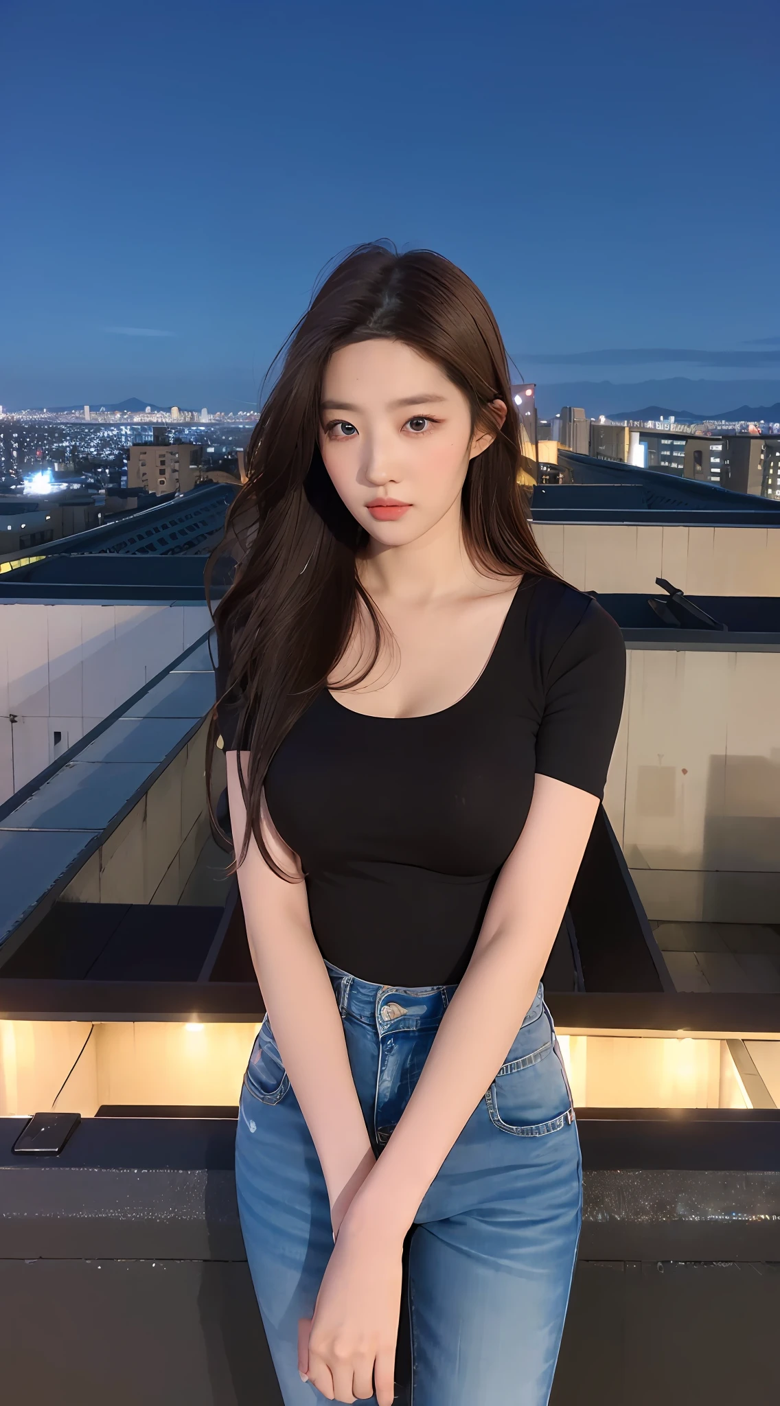 ((Midnight, Best quality, 8k, Masterpiece :1.3)), Whole body, Long legs, Sharp focus :1.2, A pretty woman with perfect figure :1.4, Slender abs :1.1, ((Dark brown hair, Big breasts :1.2)), (White tight tshirt, Jean bib, Standing:1.2), ((Night city view, Rooftop:1.3)), Highly detailed face and skin texture, Detailed eyes, Double eyelid