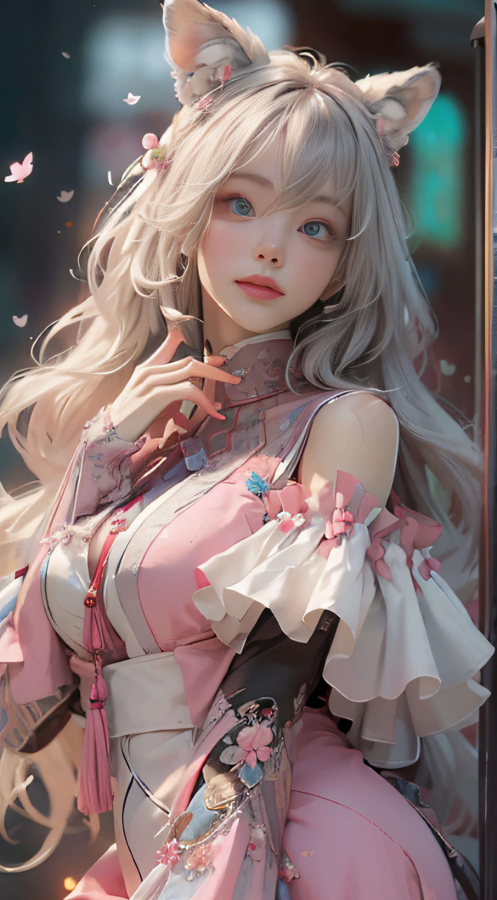 ((best qualtiy)), ((tmasterpiece)), (detail:1.4), Beautiful cyberpunk female images,hdr(HighDynamicRange),Ray traching,NVIDIA RTX,Hyper-Resolution,illusory 5,sub surface scattering,PBR textures,post-proces,Anisotropy Filtering,depth of fields,maximum definition and sharpness,Many-Layer Textures,Albedo e mapas Speculares,Surface coloring,Mitsu-Accurate simulation of material interactions,perfectly proportioned,rendering by octane,Two-colored light,largeaperture,Low ISO,White balance,Rule three points、8K raw data、Beautiful bright blue pupils,off-the-shoulder clothes,Fine pupils,Delicate face and eyes,long eyelasher,Blushlush,Delicate and fluffy hair,pink lip,Pure,Cute face,Sweet girl,Artistic sense,Casual wear,Advancedsense,butterflys,Cherry blossom petal,Beautiful hair accessories,Long hair and waist,Hair fluttering in the wind,Snow-white fox ears,curlies,Lots of white and pink,Complicated details