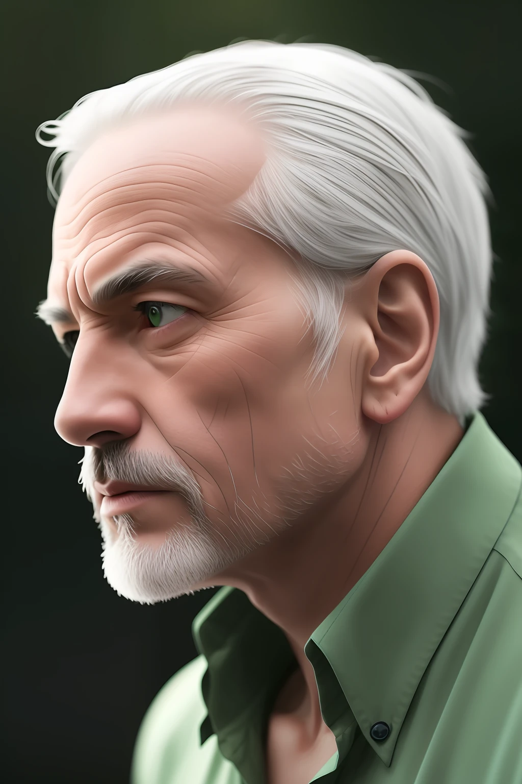 masterpiece,best quality,(photorealistic:1.2),1man,aged up,(high detailed skin:0.8),profile,green shirt,simple background,uhd, dslr, film grain,