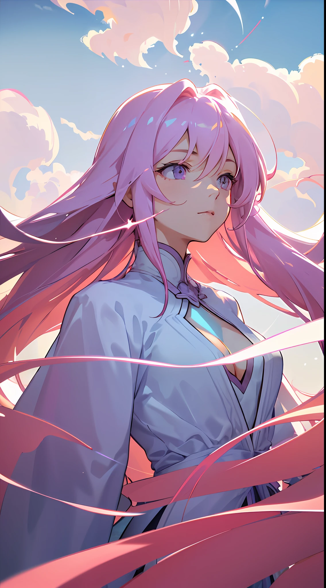 tmasterpiece，best qualtiy，cinematic Film still from，，Floating in the sky，Super light light light pink purple long hair，Kizi，​​clouds，（closeup cleavage：1.1），brightly，，Soft light，（bauhause，Shape，lineworks，abstracted：1.1）Beautiful