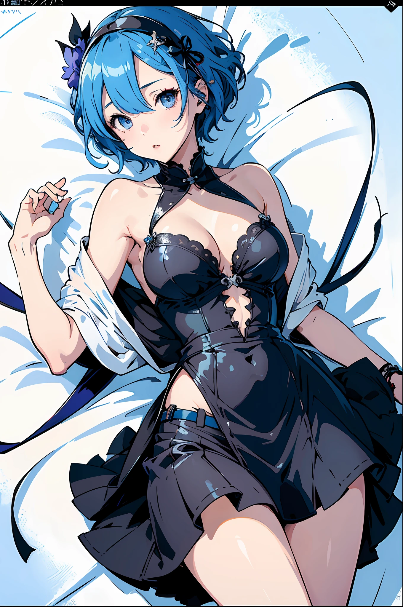 (masterpiece, best quality), beautiful girl, Rem from "re zero", lying, (detailed beautiful eyes) medium body shot, short blue hair, highly detailed blue eyes