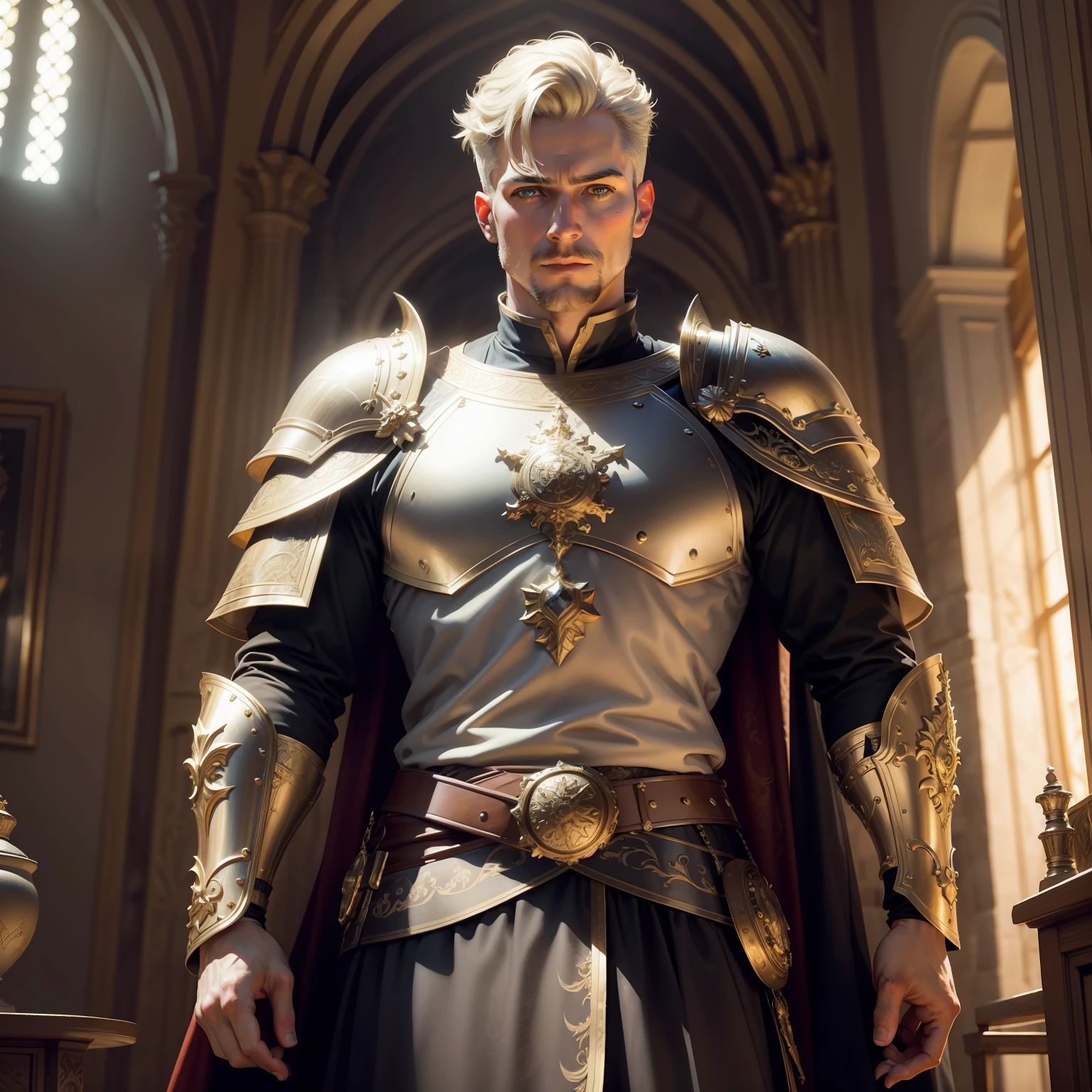 masterpiece, best quality, realistic, 1male, solo, 30-year-old, gold hair, short hair, intricately detailed face, king, man, white Roman medieval armor, worn armor, cinematic scene, dramatic light, 8k, determined look, Intricate details, highly detailed, Sharp focus, a digital rendering, professional, 4K, art stations, Art germ, fantasy, full body, perfect face, in the king's room inside a castle, rock magic
