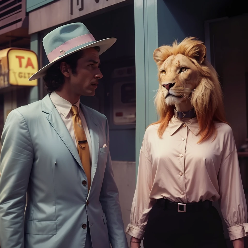 4k image from a 1960s science fiction film, Imagem do filme de Wes Anderson, pastels colors, Man with alien accessories and woman with lion mask are wearing retro-futuristic fashion clothes and futuristic ornaments and technological devices on the street, Luz Natural, cinemactic, Psicodelia, retro-futurista,