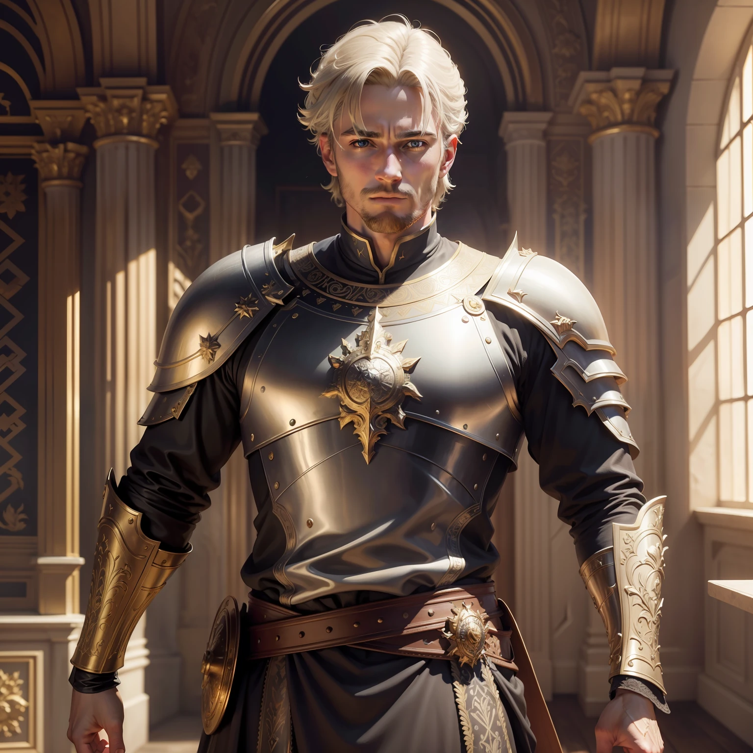 masterpiece, best quality, realistic, 1male, solo, 30-year-old, gold hair, short hair, intricately detailed face, king, man, white Roman medieval armor, worn armor, cinematic scene, dramatic light, 8k, determined look, Intricate details, highly detailed, Sharp focus, a digital rendering, professional, 4K, art stations, Art germ, fantasy, full body, perfect face, in the king's room inside a castle, rock magic