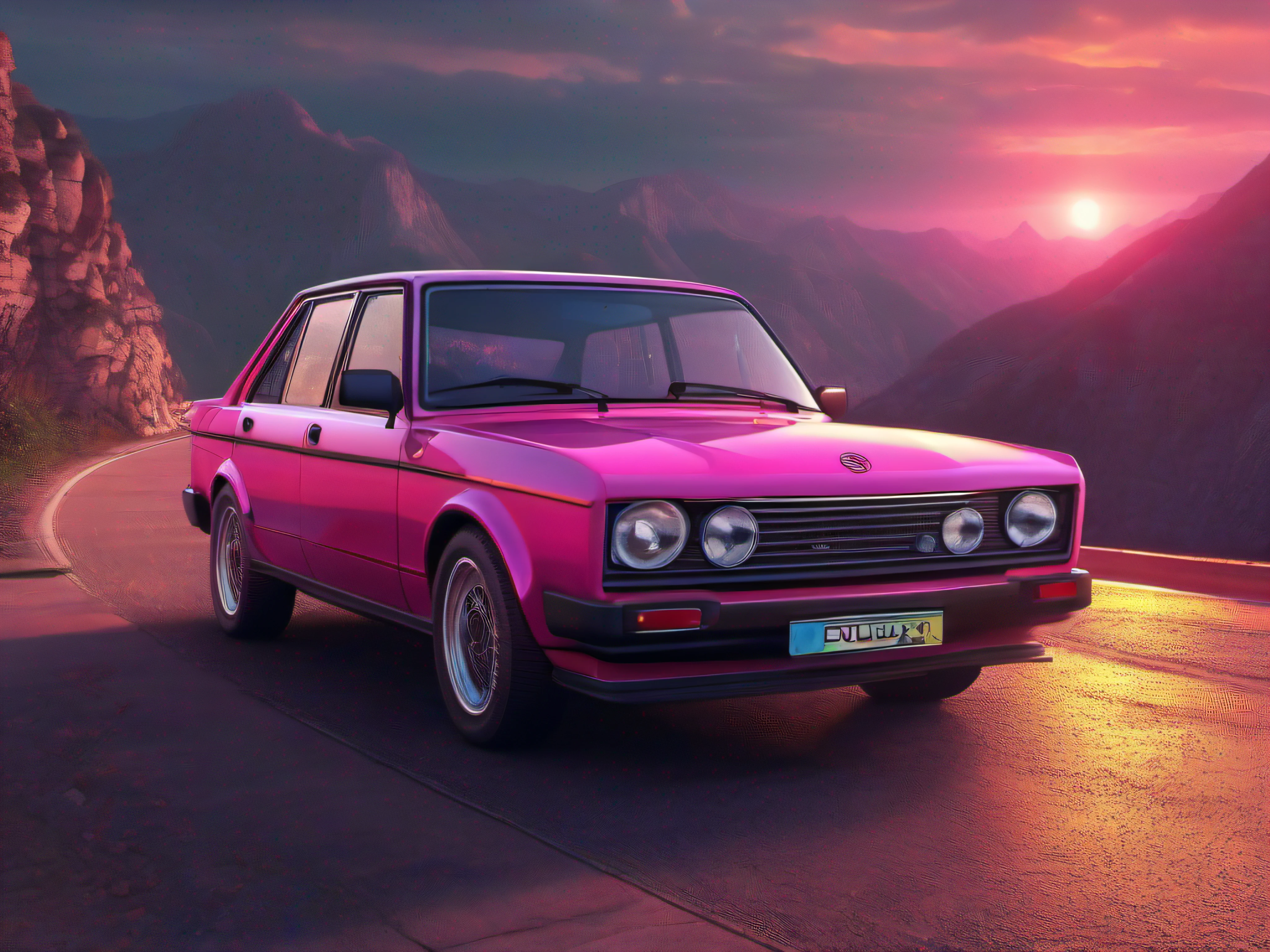 raspberry lada car, raspberry sunset synthwave, retrowave 12k, perfect composition, beautiful detailed intricate insanely detailed octane render trending on artstation, 8 k artistic photography, photorealistic concept art, soft natural volumetric cinematic perfect light, chiaroscuro, award - winning photograph, masterpiece, oil on canvas, raphael, caravaggio, greg rutkowski, beeple, beksinski, giger