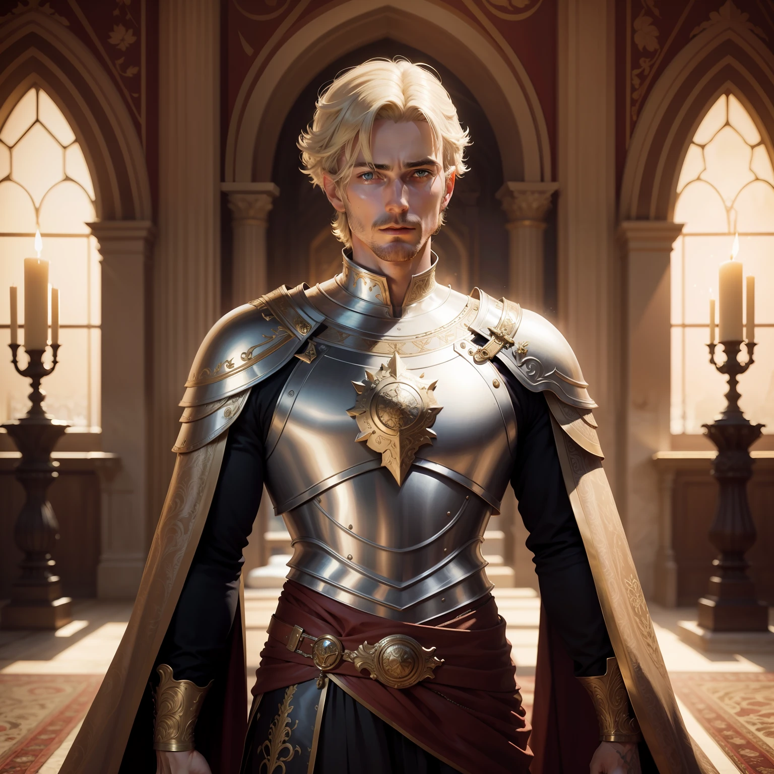masterpiece, best quality, realistic, 1male, solo, 30-year-old, gold hair, short hair, intricately detailed face, king, man, white Roman medieval armor, worn armor, cinematic scene, dramatic light, 8k, determined look, Intricate details, highly detailed, Sharp focus, a digital rendering, professional, 4K, art stations, Art germ, fantasy, full body, perfect face, in the king's room inside a castle, rock magic