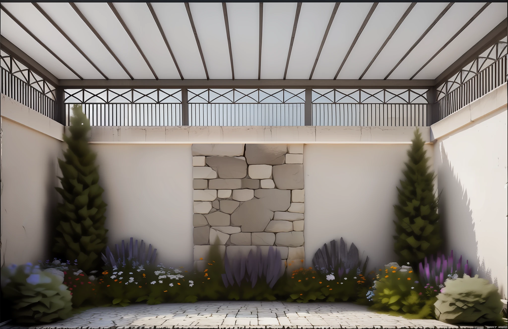 there is a courtyard with a stone wall and a stone floor, render vray, render in vray, enscape render, vray render, 3 d vray render, professional render, high-quality render, very detailed render, high quality rendering, rendered in enscape, well lit 3 d render, well rendered, beautifully detailed render, vray rendered