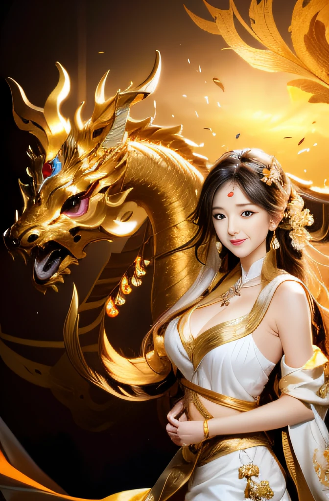 real photograph,Realistic portraits,The Golden Dragon and the Beauty,The Golden Dragon and the Beauty,The Golden Dragon and the Beauty,The Golden Dragon and the Beauty,The Golden Dragon and the Beauty,The Golden Dragon and the Beauty,The Golden Dragon and the Beauty,The Golden Dragon and the Beauty,Fire-colored sky in background,Orange sky in the background,Orange sky in the background,Orange sky in the background,Orange sky in the background,
1. **Physical depiction**:Beautiful image,adolable,beautiful detailed face,PureErosFace_V1,Bigchest,Raised sexy,perfect bodies,Superb beauty。
2. **Body description**:full bodyesbian,middlebreast,perfect bodies,Bigchest,huge tit。
3. **Facial depiction**:PureErosFace_V1,beautiful detailed face,largeeyes,long eyelasher,Delicate eyes,large shiny eyes,The pupil texture is delicate,Perfect eyes,Black pupils,Delicate avatar。
4. **Depiction of facial expressions**: nose blushing,ssmile,open-mouth smile,Eyes smile。
5. **Description of the action**: 独奏,sitted,Look to the lens,Show your hands。