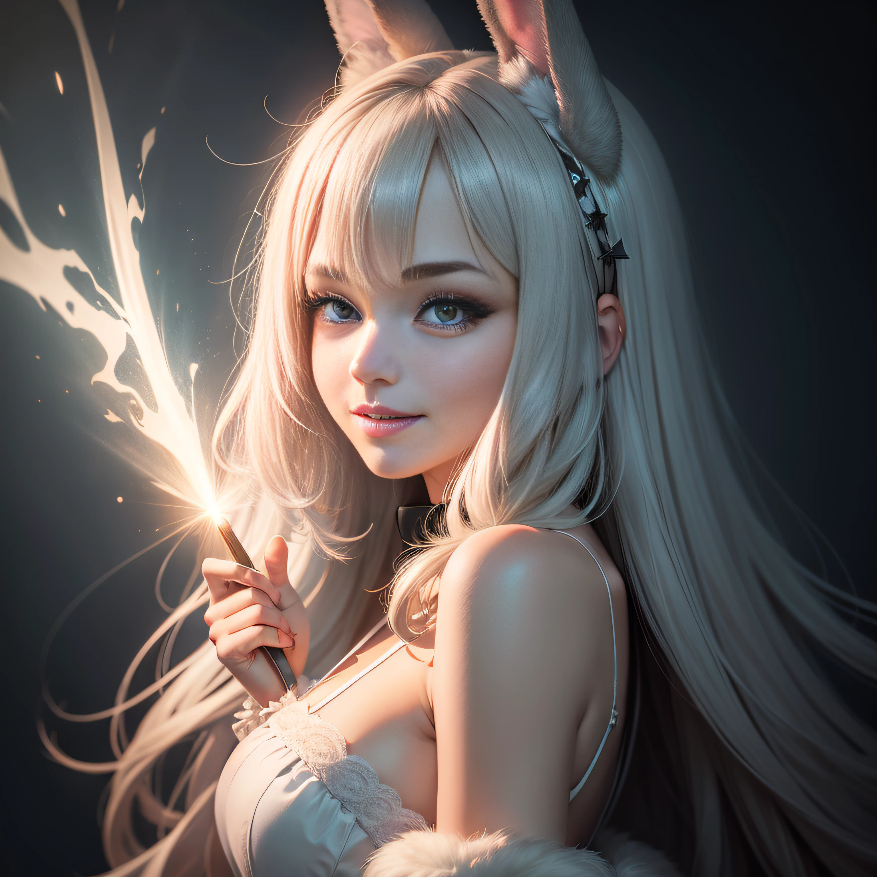 28 year old beauty with rabbit ears wearing animal costume，Look back playfully，Hair and its fluffiness，The eyes are big，having fun，Facing the camera squarely，best qualityer， tmasterpiece， A high resolution， Be red in the face， （seduct smile：0.8）， star-shaped bule pupils， Tyndall effect， realisticlying， edge lit， twotonelighting， （highdetailskin：1.2）， 8K  UHD， digital SLR camera， gentle illumination， high high quality， Volumetriclighting， Frankness， photore， A high resolution