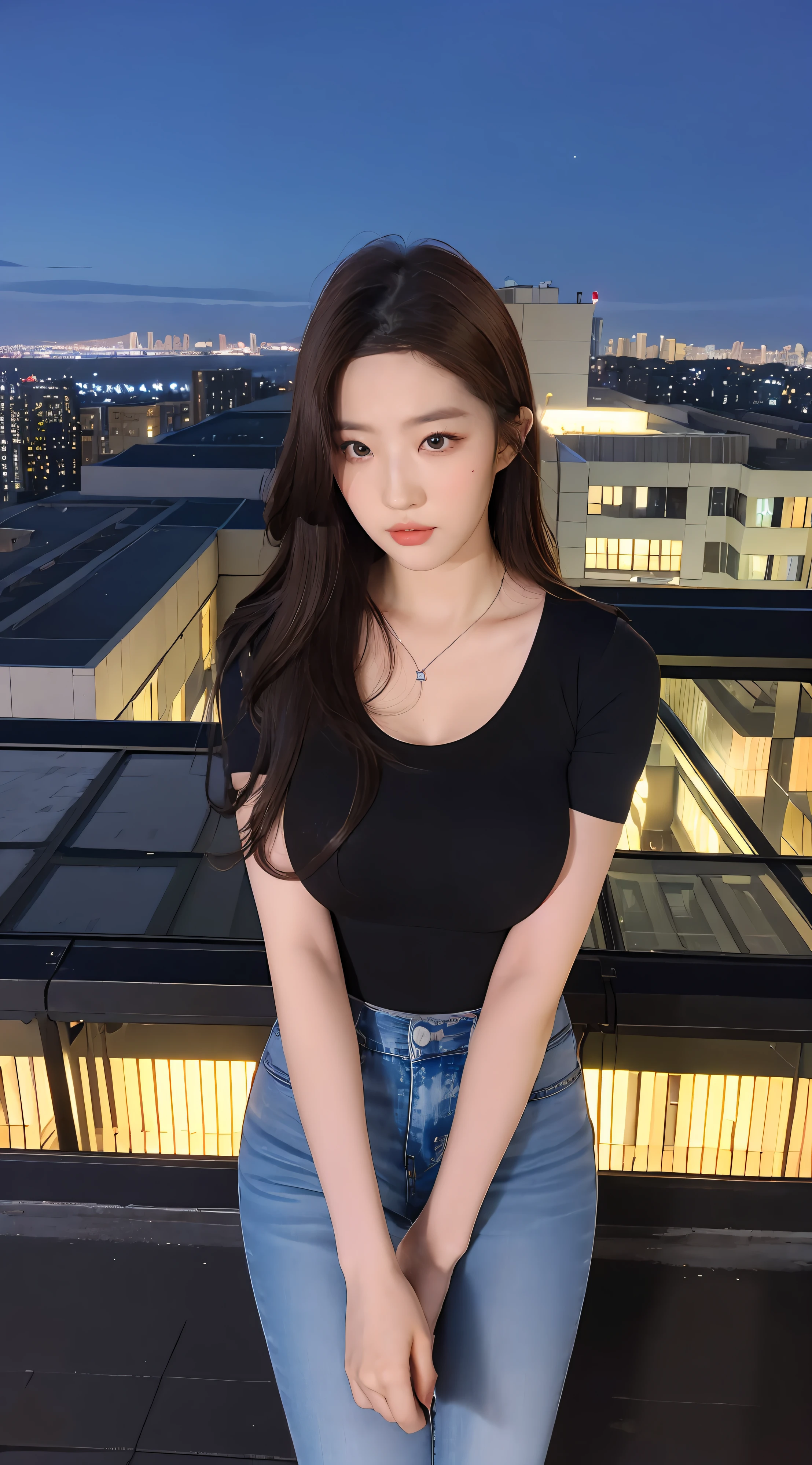 ((Midnight, Best quality, 8k, Masterpiece :1.3)), Whole body, Long legs, Sharp focus :1.2, A pretty woman with perfect figure :1.4, Slender abs :1.1, ((Dark brown hair, Big breasts :1.2)), (White tight tshirt, Jean bib, Standing:1.2), ((Night city view, Rooftop:1.3)), Highly detailed face and skin texture, Detailed eyes, Double eyelid