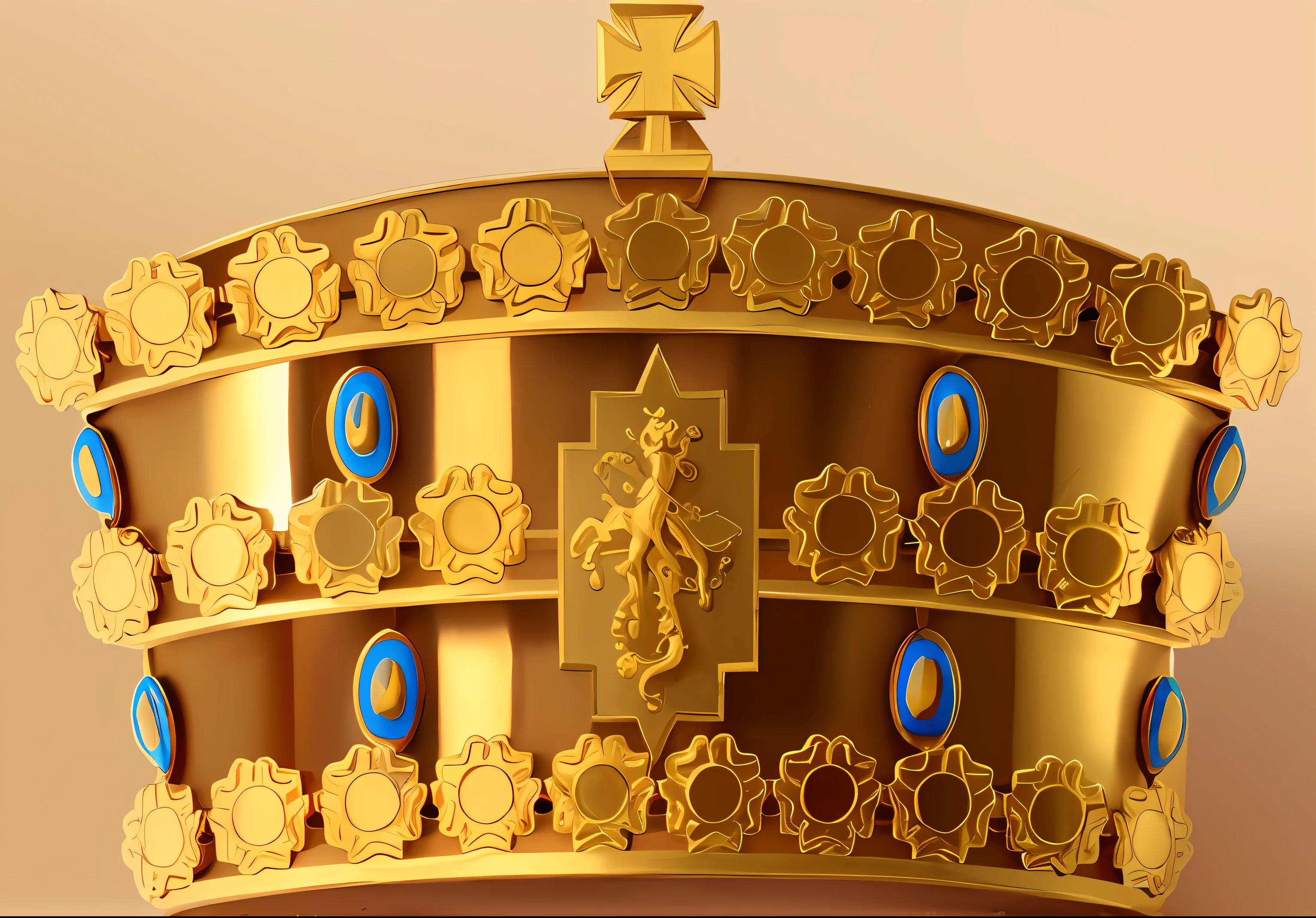 Cartoon design, a golden crown with a cross and a cross on top, large crown, ornate gold crown, gold crown, ornate crown, intricate gold crown, ornate intricate crown, gold tiara, the crown is very high, royal crown, golden crown, symmetrical crown, crown with pins, wearing huge golden crown, crown, nordic crown, queen crown, ornate jeweled crown with a man on a horse holding a spear with a cross pointing it down at a snake, White background