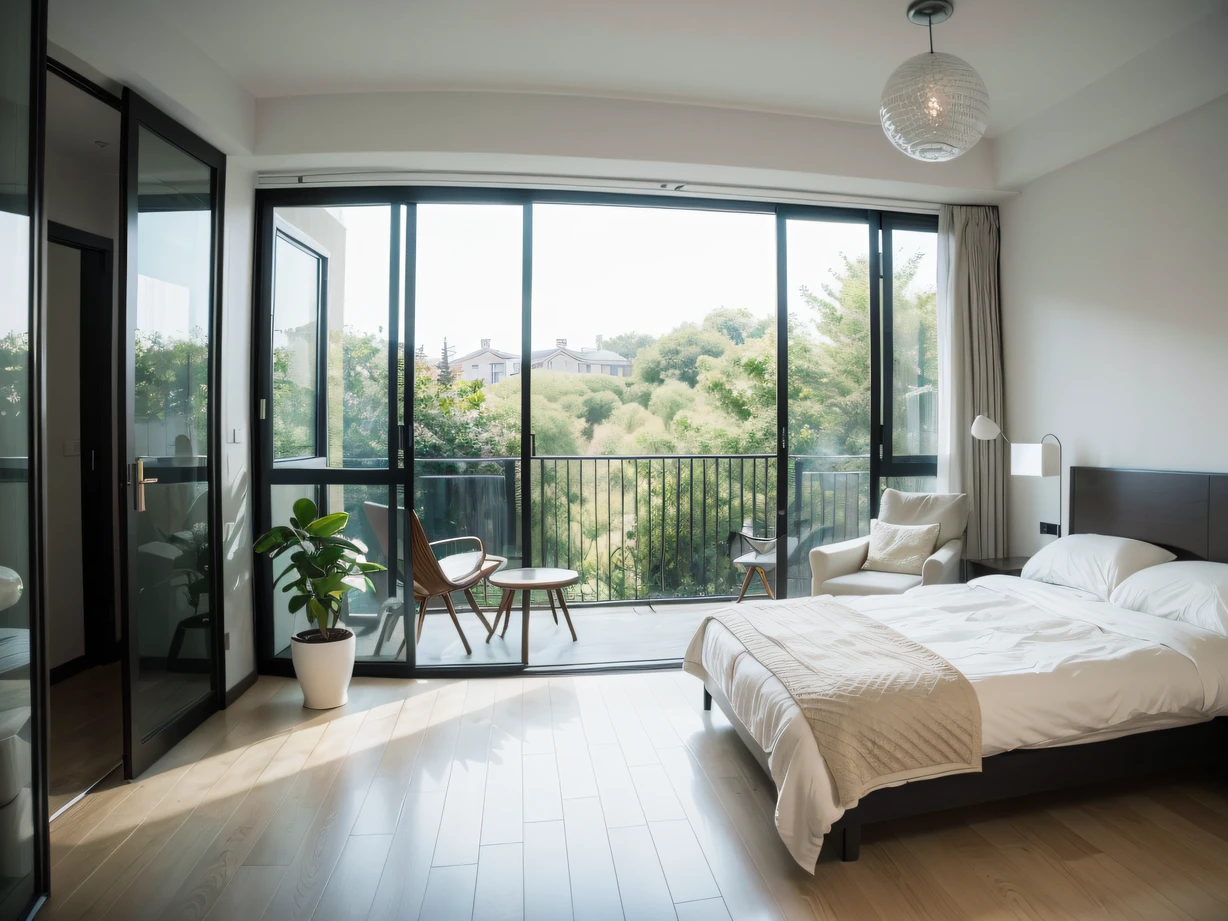 ,Masterpiece, Best quality,8K, 超高分辨率,(中景 the scene is),Nordic elements are intertwined with modern minimalist elements,Create the bedroom of this villa。The spacious and bright space is decorated in gray and white tones,The ultimate relaxation experience。Log decoration with fresh plants,It creates an atmosphere where nature and comfort coexist。Picturesque view from the window,Let you feel the embrace of nature at home every day。