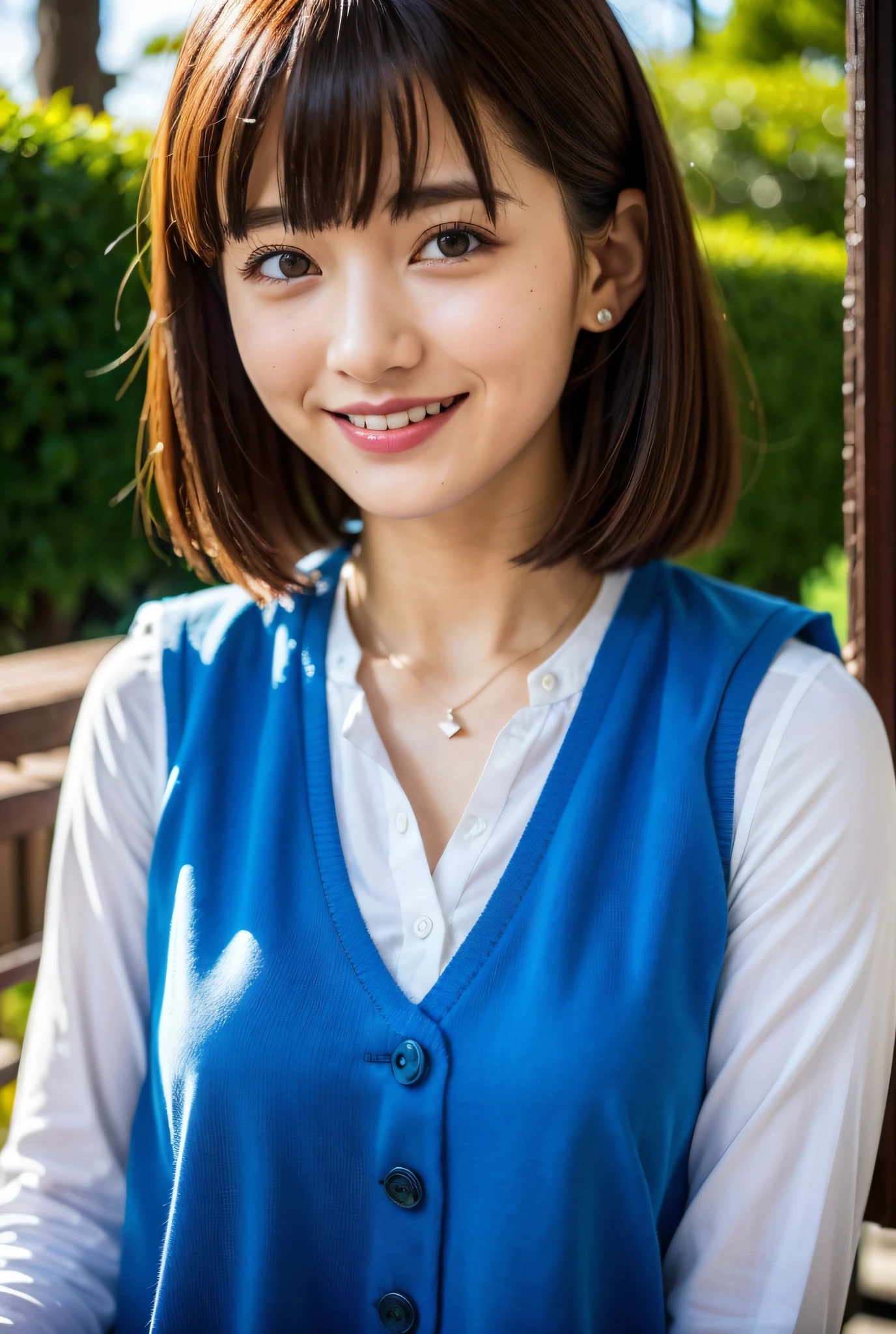 (((Medium hair))), Top Quality, 8K, HDR, Hi-Res, Absurdity: 1.2, Photography, (RAW Photos: 1.2), (Photorealistic: 1.4), (Masterpiece: 1.3), (Complex Details: 1.2), 1 Girl, Solo, Japan girls, Delicate and beautiful details, (Detailed eyes), (Detailed facial features), Petite, (Small breasts))), Toned Skin, ( looking_at_viewer), from_front, (Skinny), (Best Quality: 1.4), (Ultra High Definition: 1.2), Cinemalite, (Extreme Detail Illustration), (Lip Gloss, Best Quality, Ultra High Resolution, Depth of Field, Caustics, Broad Lighting, Natural Shading, 85mm, f / 1.4, ISO 200, 1/160 sec: 0.75), 1 girl, solo, ((blue vest))) smile, uniform, necklace, fashionable café: 1.3, black neat and clean clothes, Nogizaka idol, gravure idol, beauty