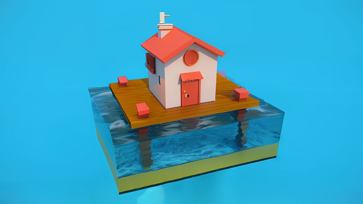 There is a small house on the floating platform in the water, stylized 3d render, 3 d render stylized, rendered in cinema 4 d, Rendered in Cinema4D, stylized as a 3d render, render in blender, 3 D 插图, 3D illustration, Underwater home, rendered in 3 dsmax, depicted as a 3 d render