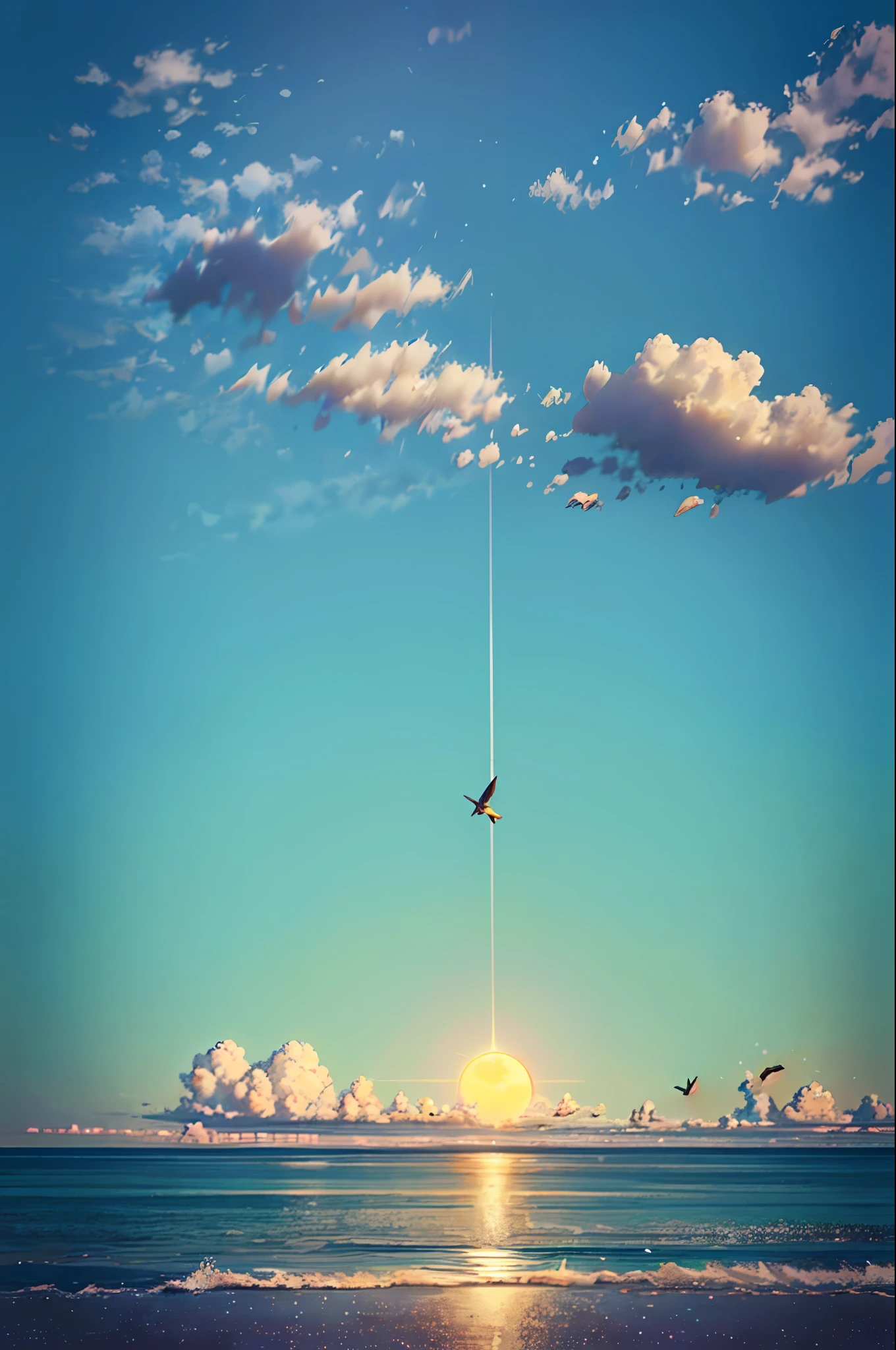 An airplane flew over the ocean at sunset, cyril rolando and goro fujita, amazing wallpapers, Makoto Shinkai Cyril Rolando, inspired by Chris LaBrooy, Amazing composition, flying through sunset, surrealistic digital artwork, Perfect composition Artem Demura, Beautiful digital artwork, Beeple e Jean Giraud