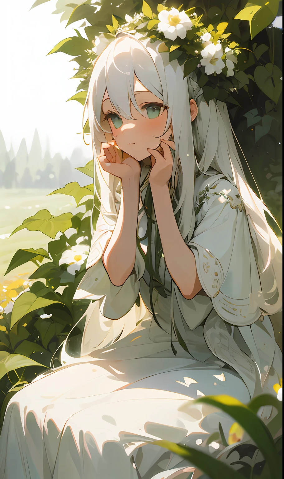 (masterpiece, best quality),1girl with long white hair sitting in a field of green plants and flowers, her hand under her chin, warm lighting, white dress, blurry foreground