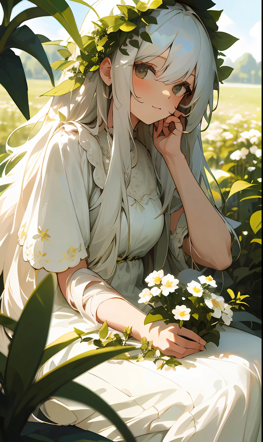 (masterpiece, best quality),1girl with long white hair sitting in a field of green plants and flowers, her hand under her chin, warm lighting, white dress, blurry foreground