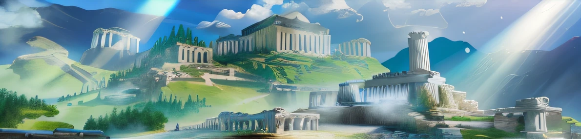 There is a photo of a castle in the mountains, greek fantasy panorama, mount olympus, greek fantasy landscape, ancient marble city, Greek temple background, Ancient Greek city, Illustration matte painting, city of atlantis, Greek Acropolis, greek myth digital painting, Temple background, monumental mountains, ancient city landscape, background depicting a temple, city of atlantis,Temple of the Zodiac Signs,belfry,Tyndall rays ,with blue sky and white clouds,Athena statue