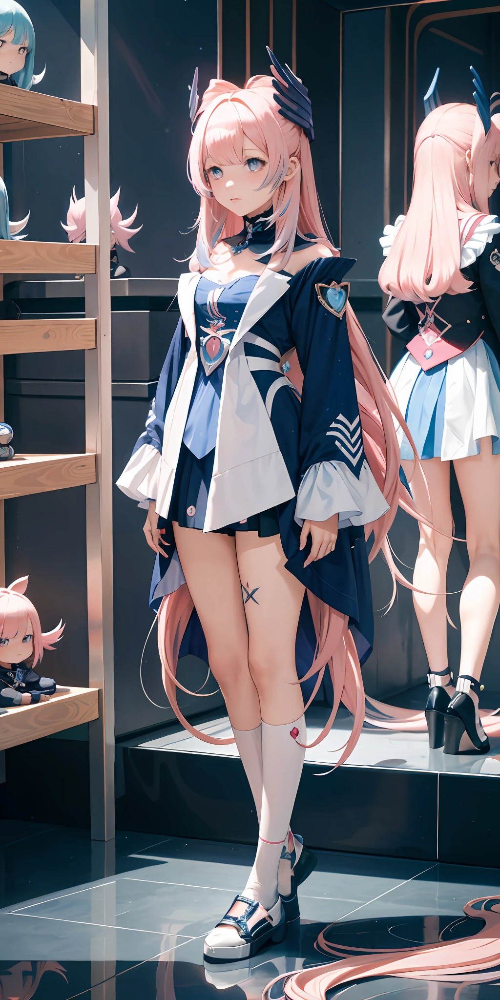 (HighestQuali,tmasterpiece,A masterpice),1girll, Full body like,Pink hair, long whitr hair,Blue hair ends dyed,Disdainful expression, photorealestic, side-lighting, the wallpaper, dyna,Coral Palace Heart Sea