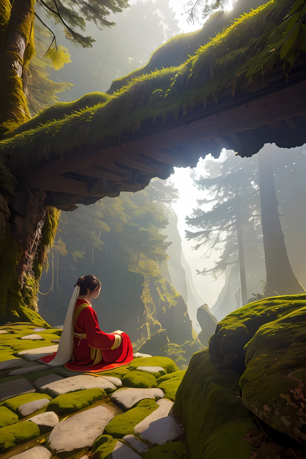 On a morning in a mountain cave, a Beautiful hanfu girl pauses at the edge of a cliff. The sun shines down from the mountain top, casting a soft glow inside the cave. The walls are covered in moss, and the ground is covered in pine needles and small stones. In the distance, mountain peaks and forests are faintly visible through the hazy morning mist. This is a tranquil and serene scene,red theme,
hdr, (photorealism, masterpiece quality, best quality),