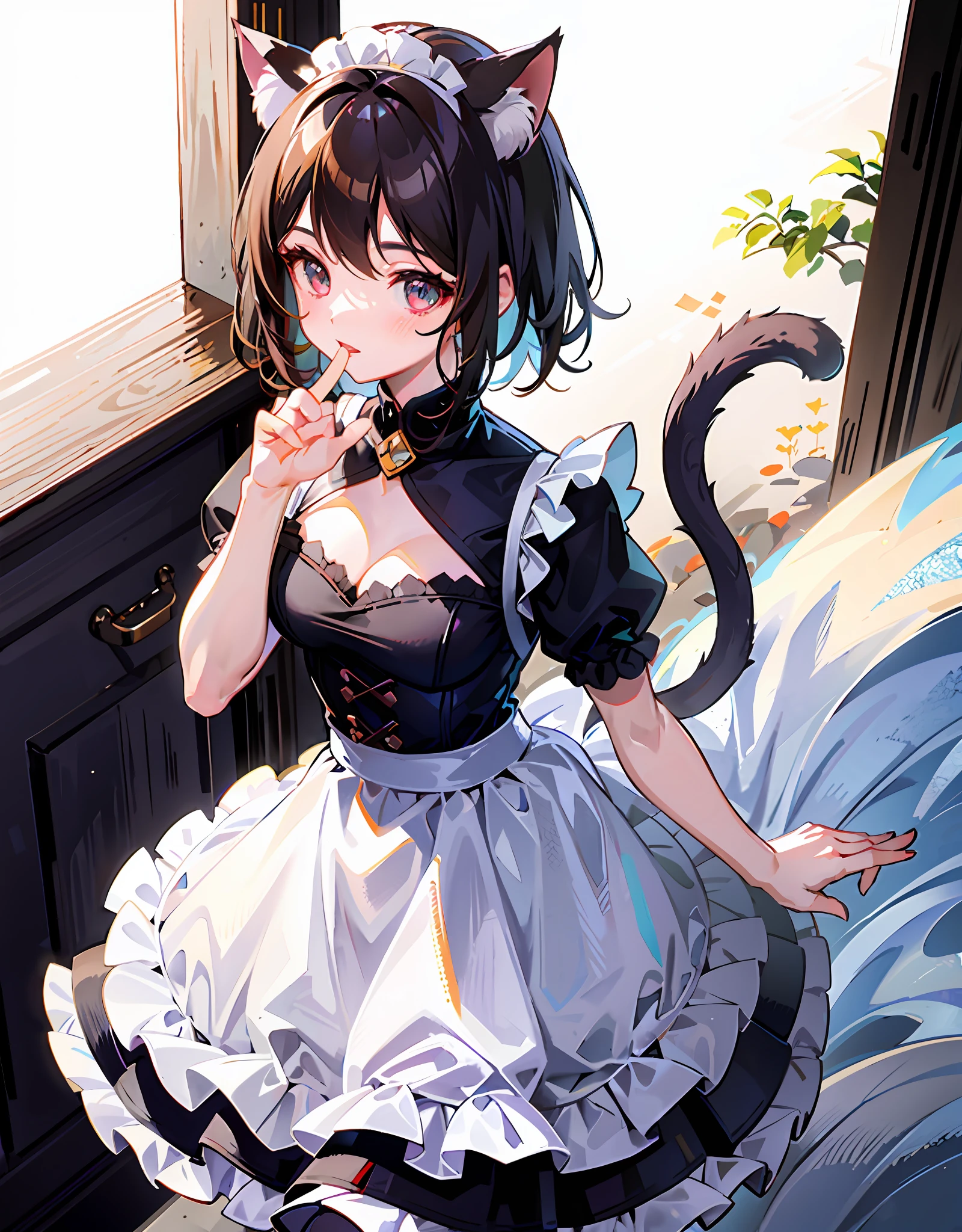 (Best quality),(Detailed), (1 girl),Kizi,a cat tail,There are cat ears on the top of the head,white thighhighs, short detailed hair,brunette color hair,Medium breasts,the maid outfit,whiteskin