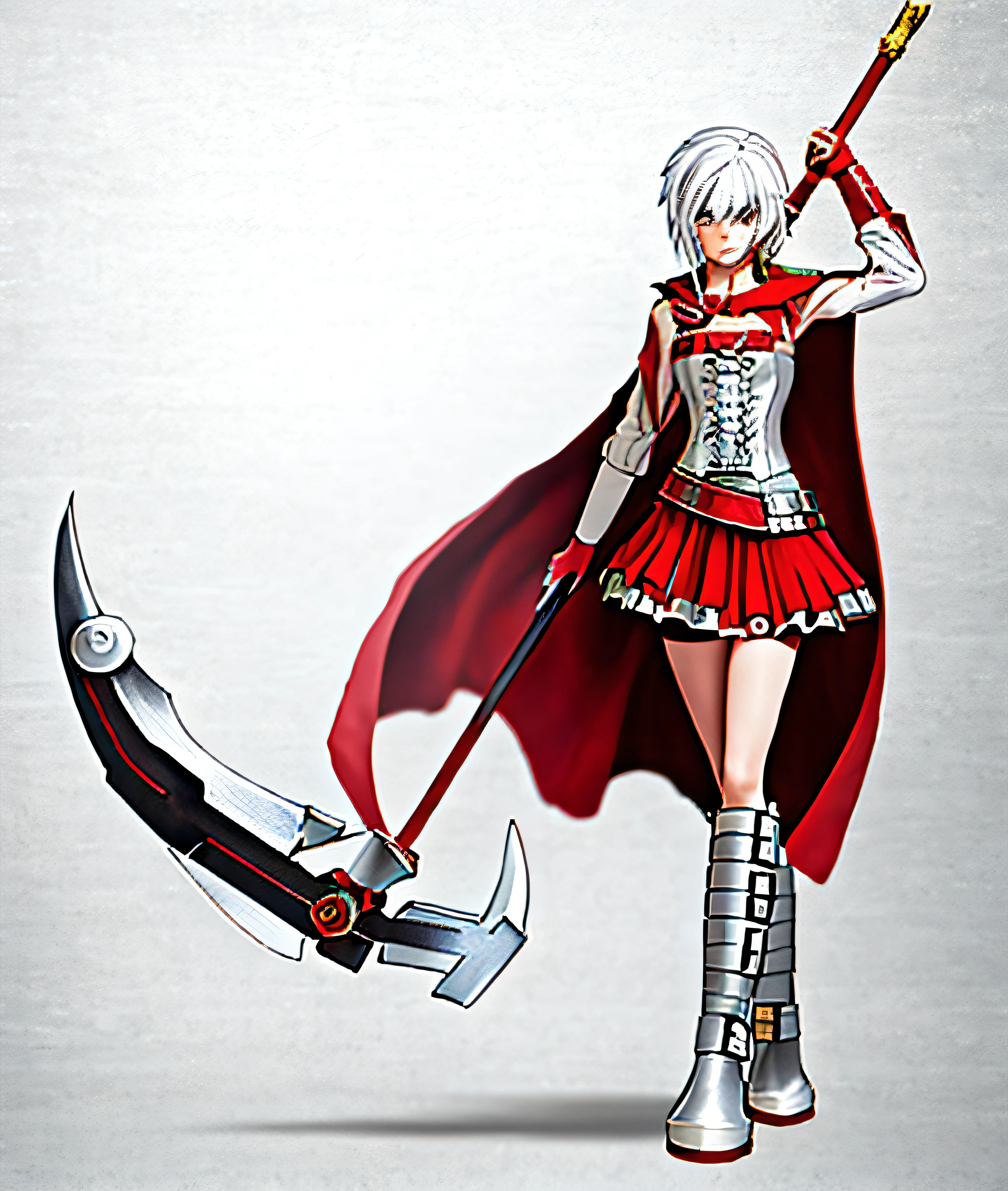a drawing，A woman in a costume holding a sword, clean anime outlines, clean lineart, perfect lineart, v from devil may cry as an elf, sharp lineart, lady in red armor, with cape, silver armor and red clothing, Line art!!, Fantasy Scythe, natalie from epic battle fantasy, linear art, red capelet, bold lineart