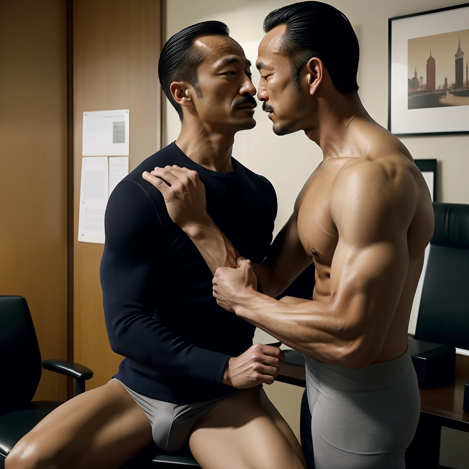 50yearsold,Hidetoshi Nakata,(Kogoro Mouri 1.3),Shirtless,Tong,Bulge,office room,black long socks,Thin,musculature,lbeard,fortitude,artwork of a,tmasterpiece,k hd,ssmile,Two people kissing