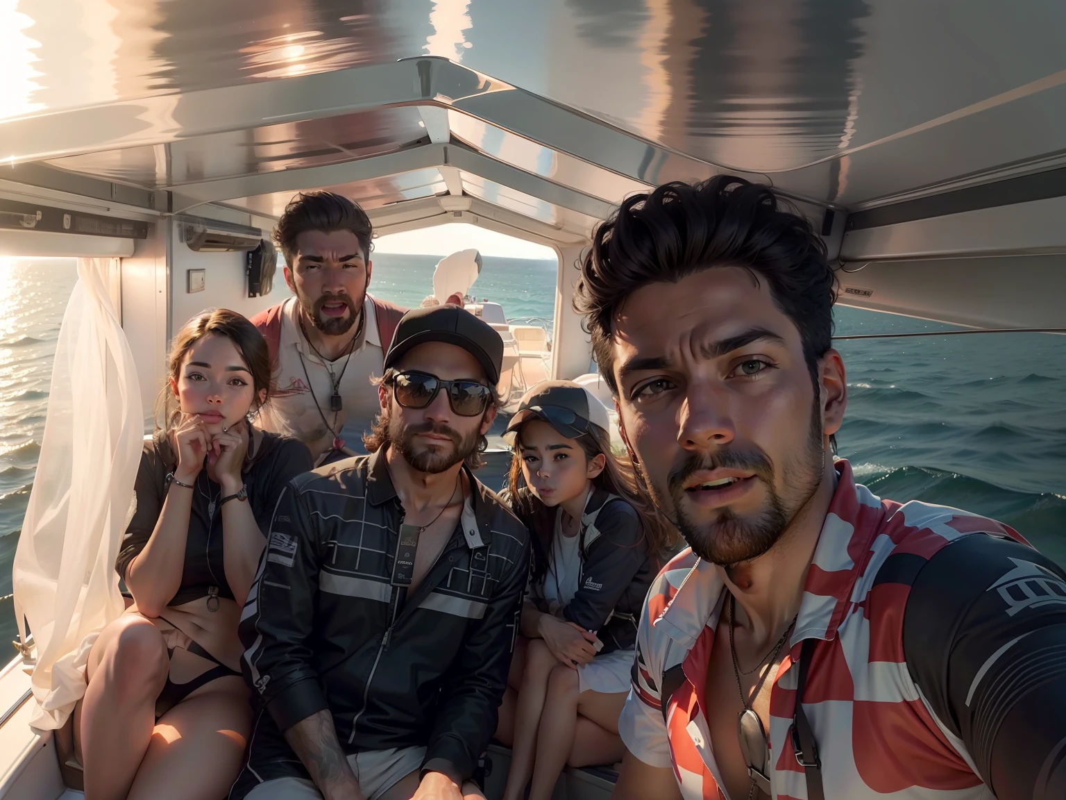 change background friends, tour, on boat, Ultra realistic, 8k