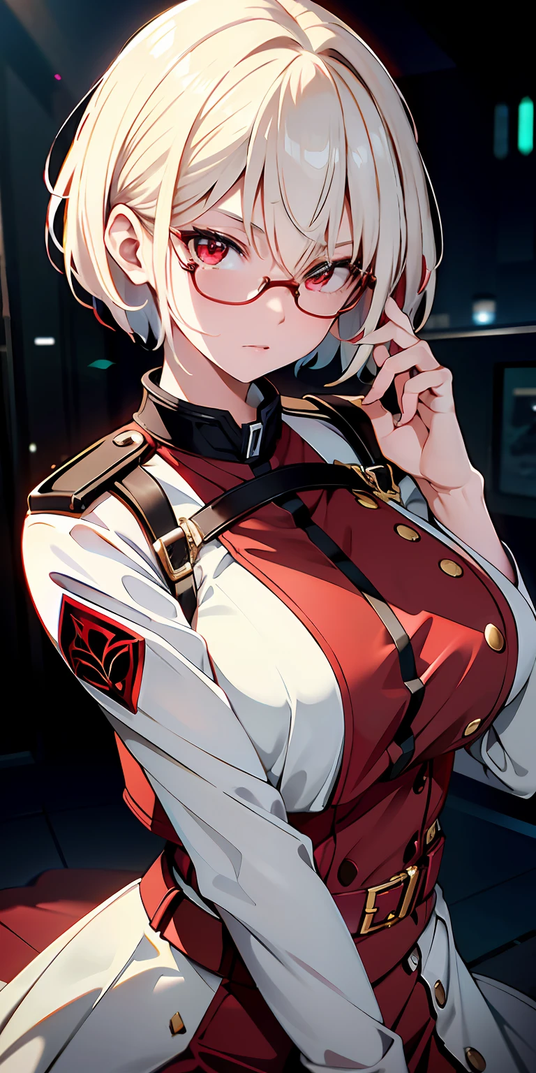 masterpiece , ( lite white short hair:1.2), (red eyes:1.2) , (8k, best quality 1.2), ultra-detailed, 8k uhd, soft lighting, high quality, film grain, beautiful lighting, cinematic ,perfect body , best illumination, best shadow, sharpness, contrast, red glasses, absurdres high detailed face, seen from above in spacesuit, space, floating, wide angle lens distortion, red eyes