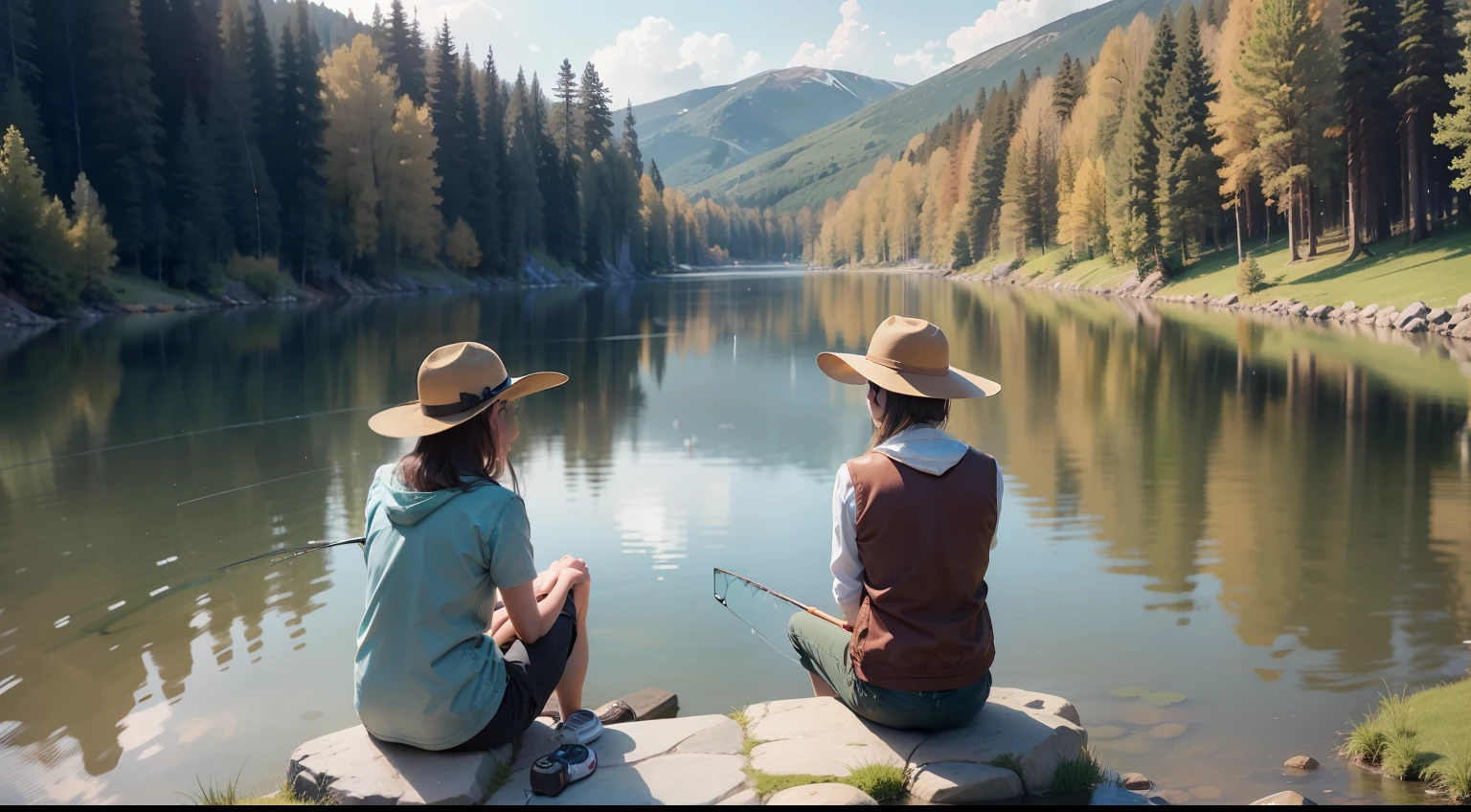 Alafi sits on a rock by the lake，Hold the fishing rod, sitting at a pond, sentado em frente a um lago, Fishing, is playing happily, people angling at the edge, Lake environment, sittinng on the river, photo taken with provia, Colorado, is playing happily, mirror lake, on  the lake, gazing at the water