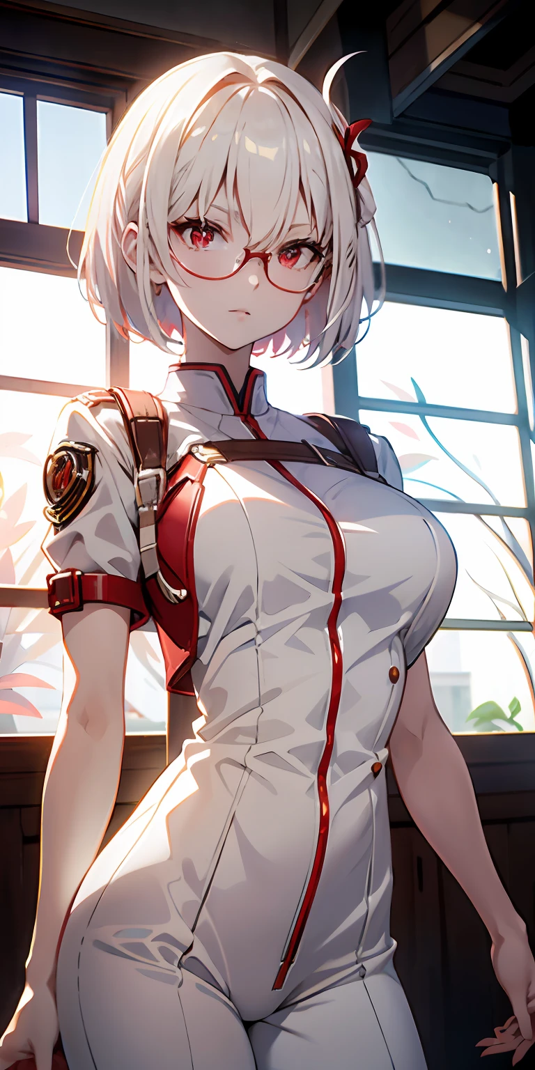 masterpiece , ( lite white short hair:1.2), (red eyes:1.2) , (8k, best quality 1.2), ultra-detailed, 8k uhd, soft lighting, high quality, film grain, beautiful lighting, cinematic ,perfect body , best illumination, best shadow, sharpness, contrast, red glasses, absurdres high detailed face, seen from above in spacesuit, space, floating, wide angle lens distortion, red eyes